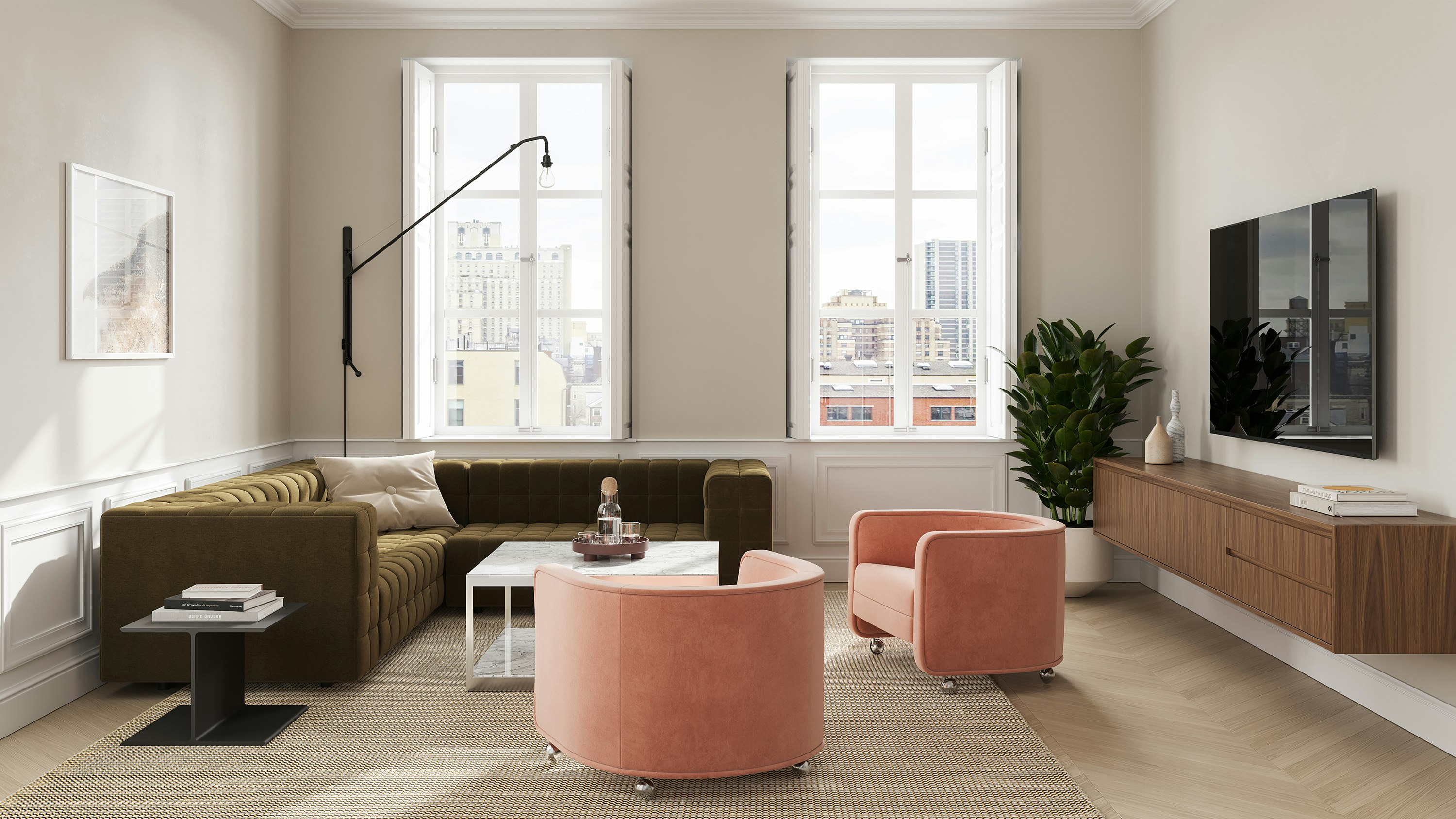 Geiger One Meeting and Huddle Room, Rendering HU4, in Persian Walnut with Rapport and U Series.