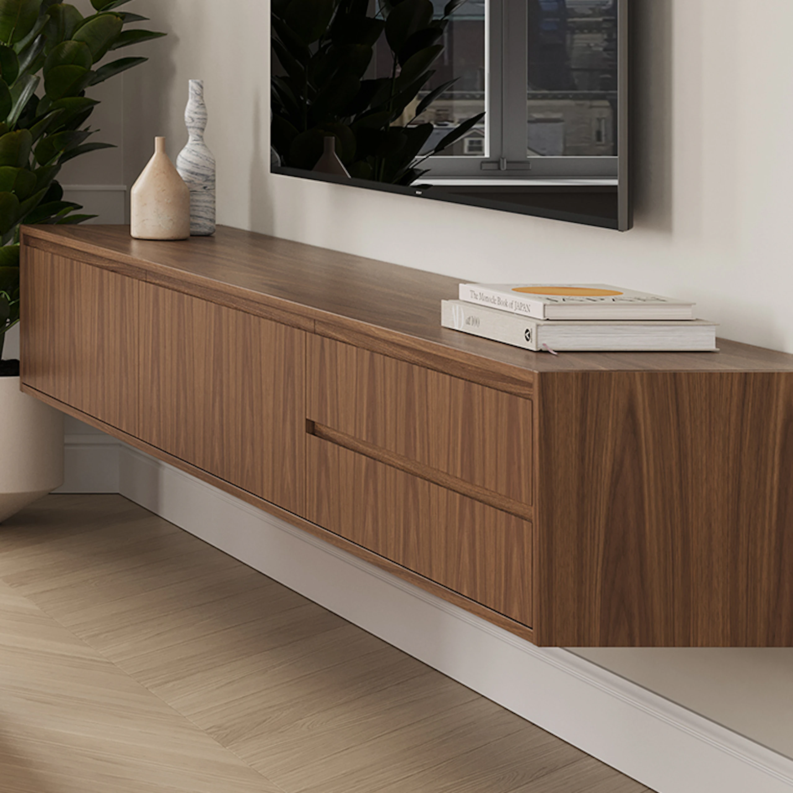 Geiger One Meeting and Huddle Room, Rendering HU4, in Persian Walnut with Rapport and U Series.