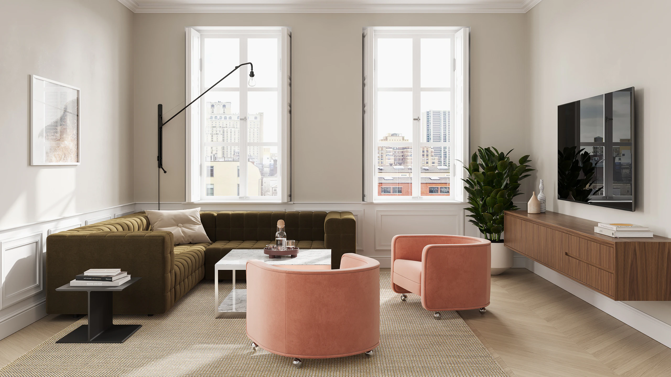 Geiger One Meeting and Huddle Room, Rendering HU4, in Persian Walnut with Rapport and U Series.