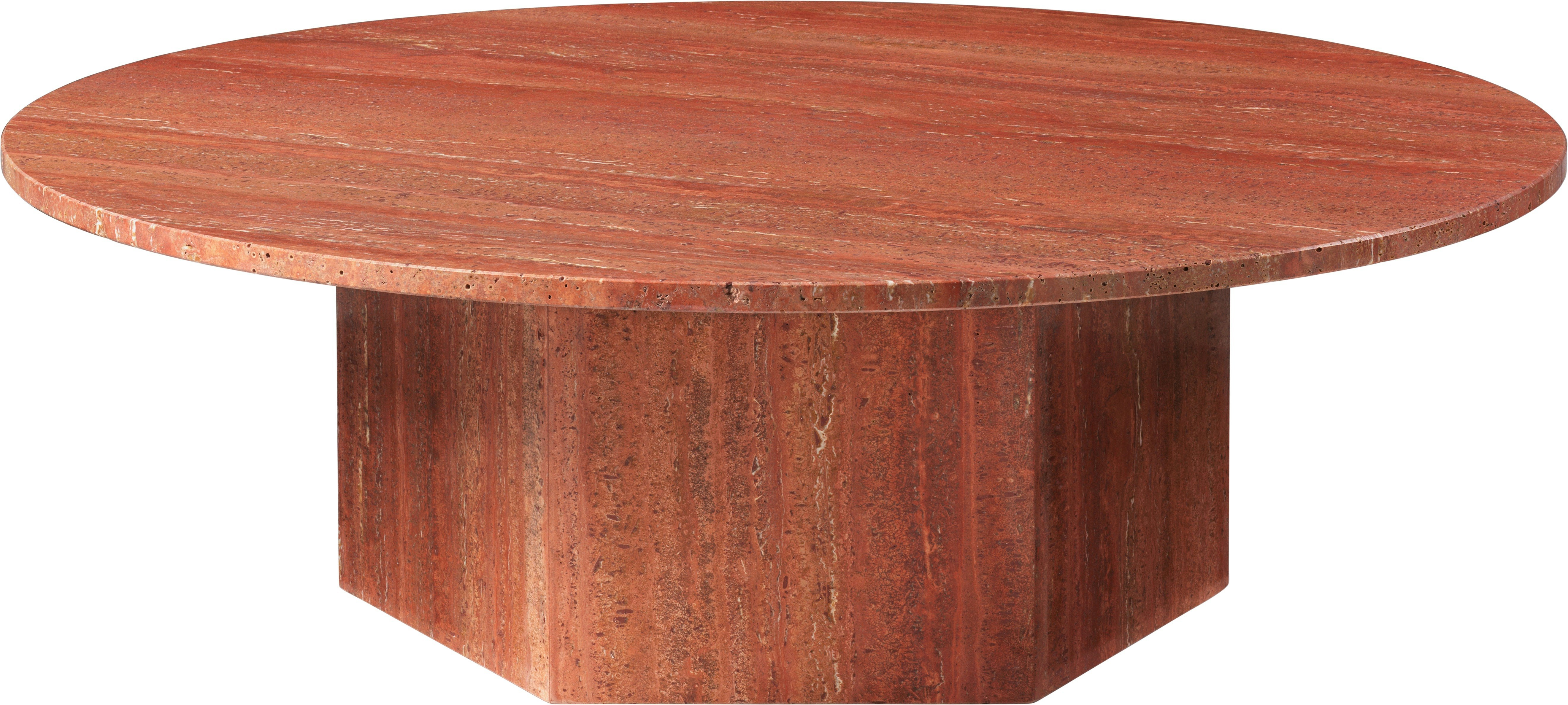 A Epic Coffee Table in Travertine, burned red viewed from the front.