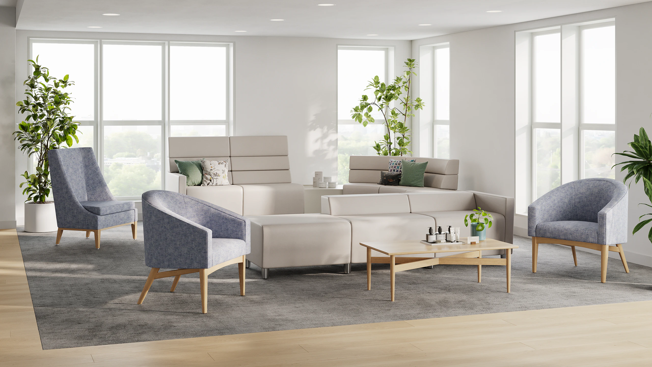 Premium waiting room, boutique care or dermatology office with Sophora Chairs and Steps Lounge