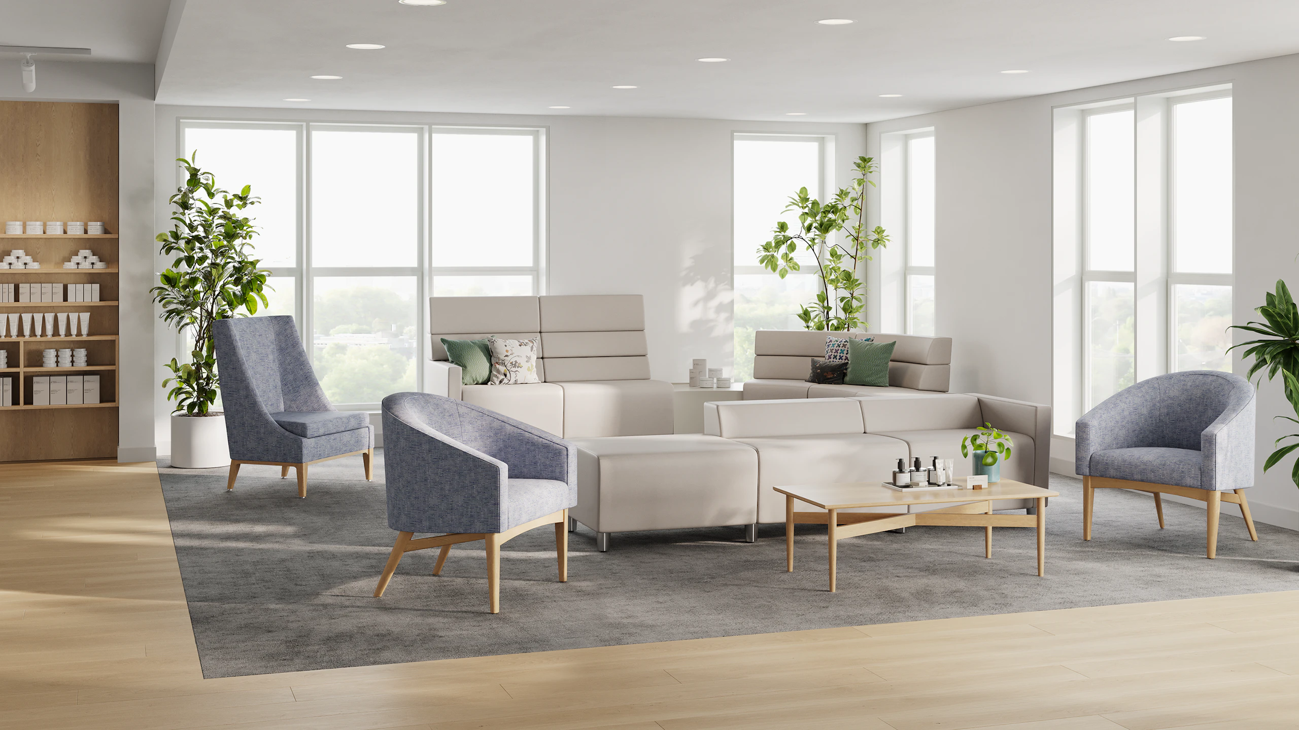 Premium waiting room, boutique care or dermatology office with Sophora Chairs and Steps Lounge