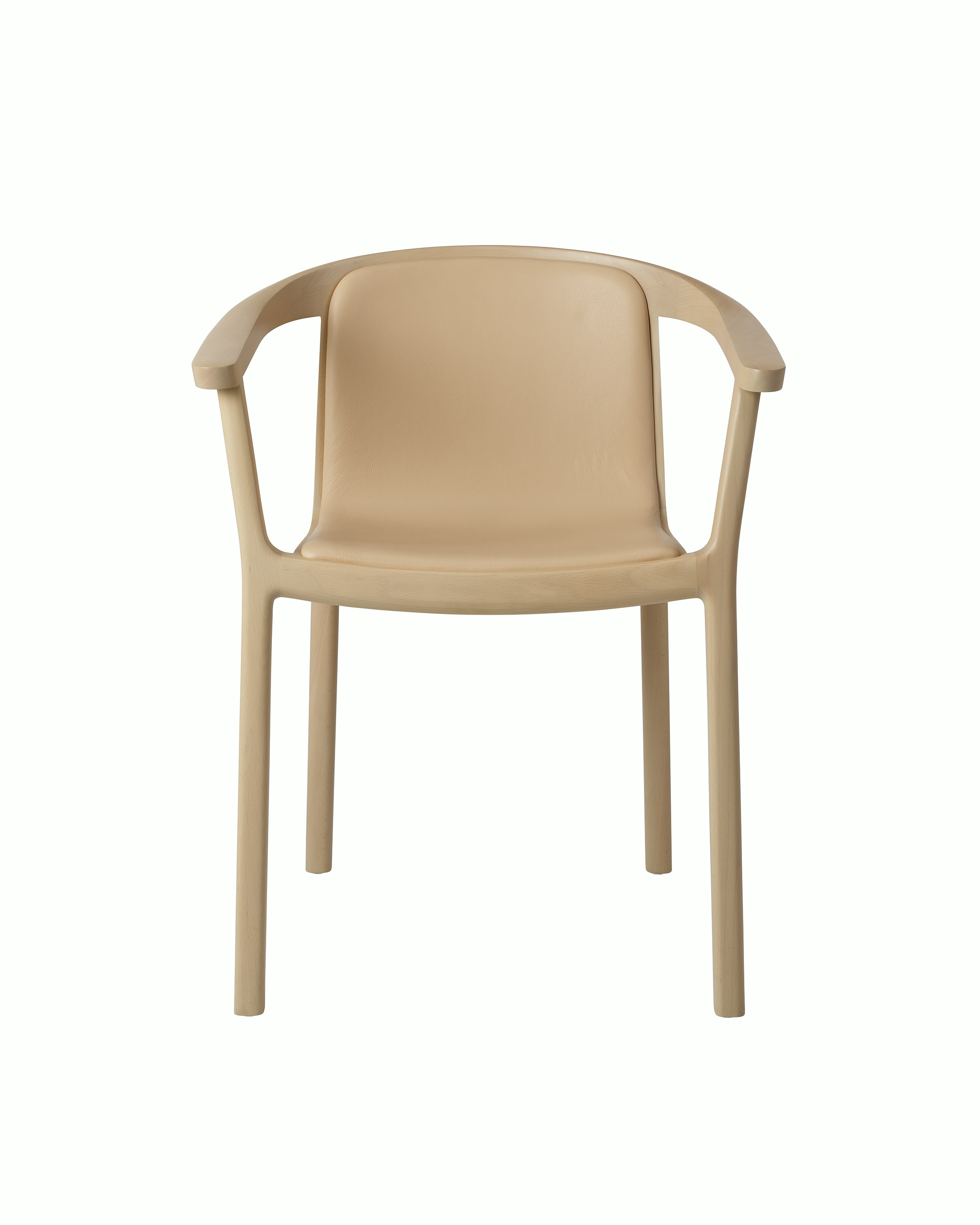 Lijn Armchair by Carole Baijings for Geiger in Light Beech frame upholstered with Maharam Prone Leather in Balsa, front view on a white sweep.