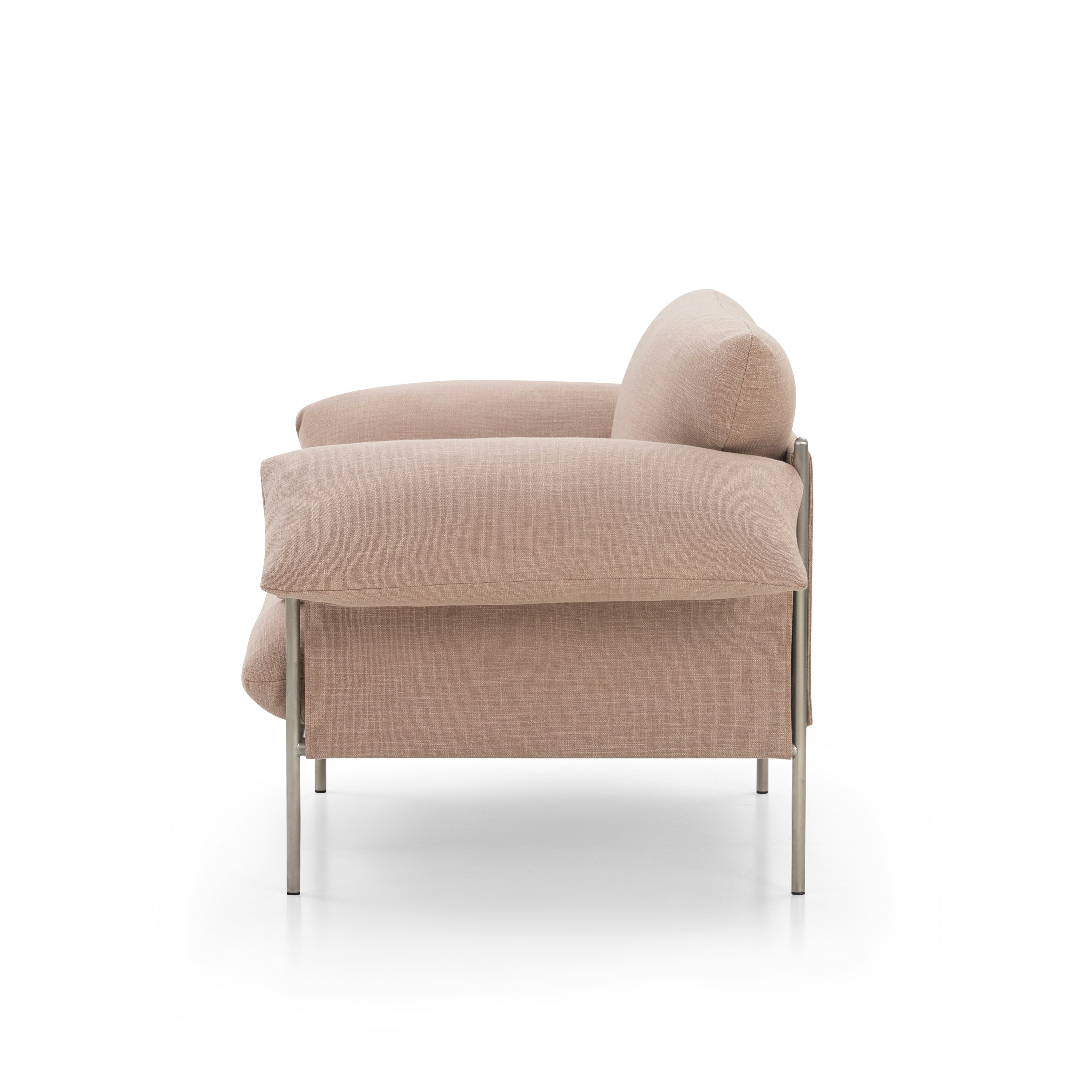A Alva Chair in Byron Biscuit with a Brushed Steel finish viewed from the side