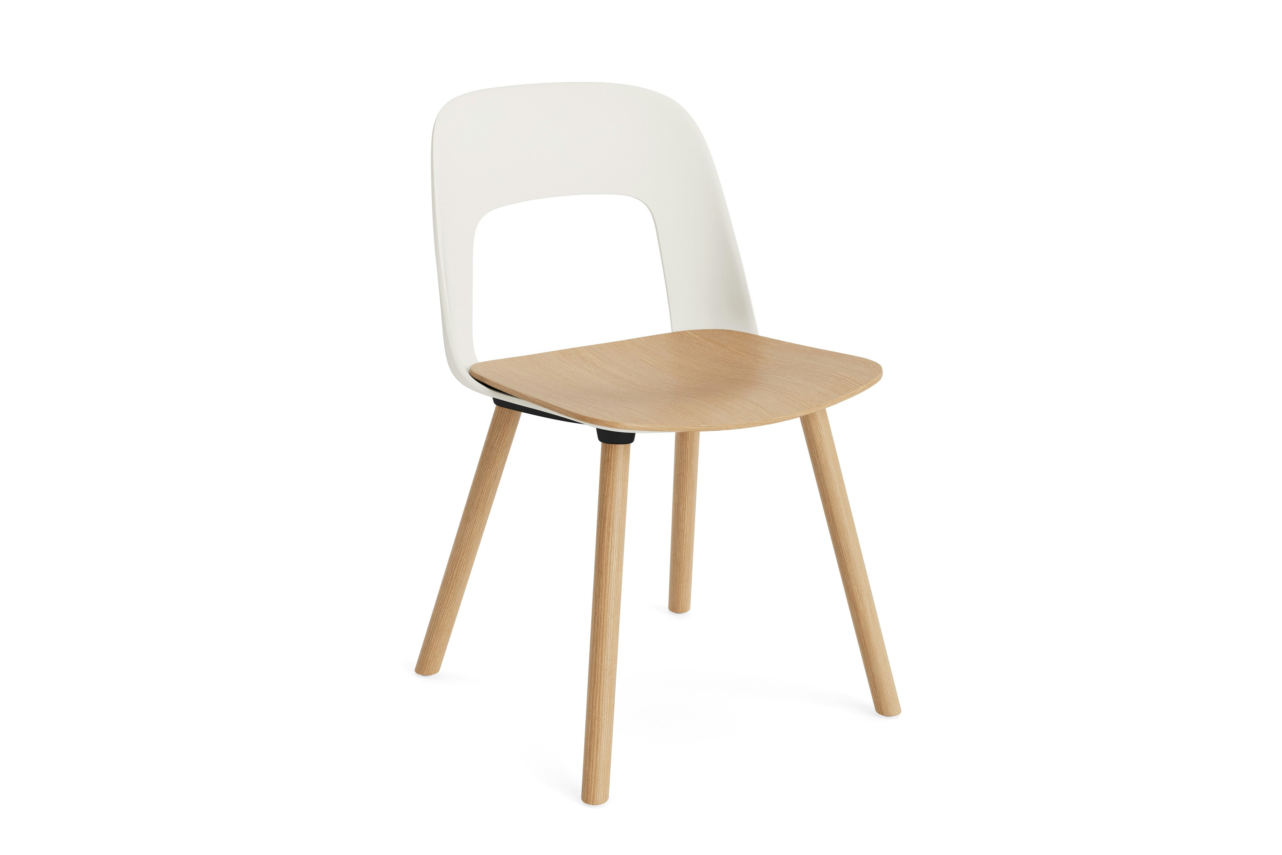 Layout Chair cream polypropylene shell with oak veneer seat on oak 4-leg base, front angled view