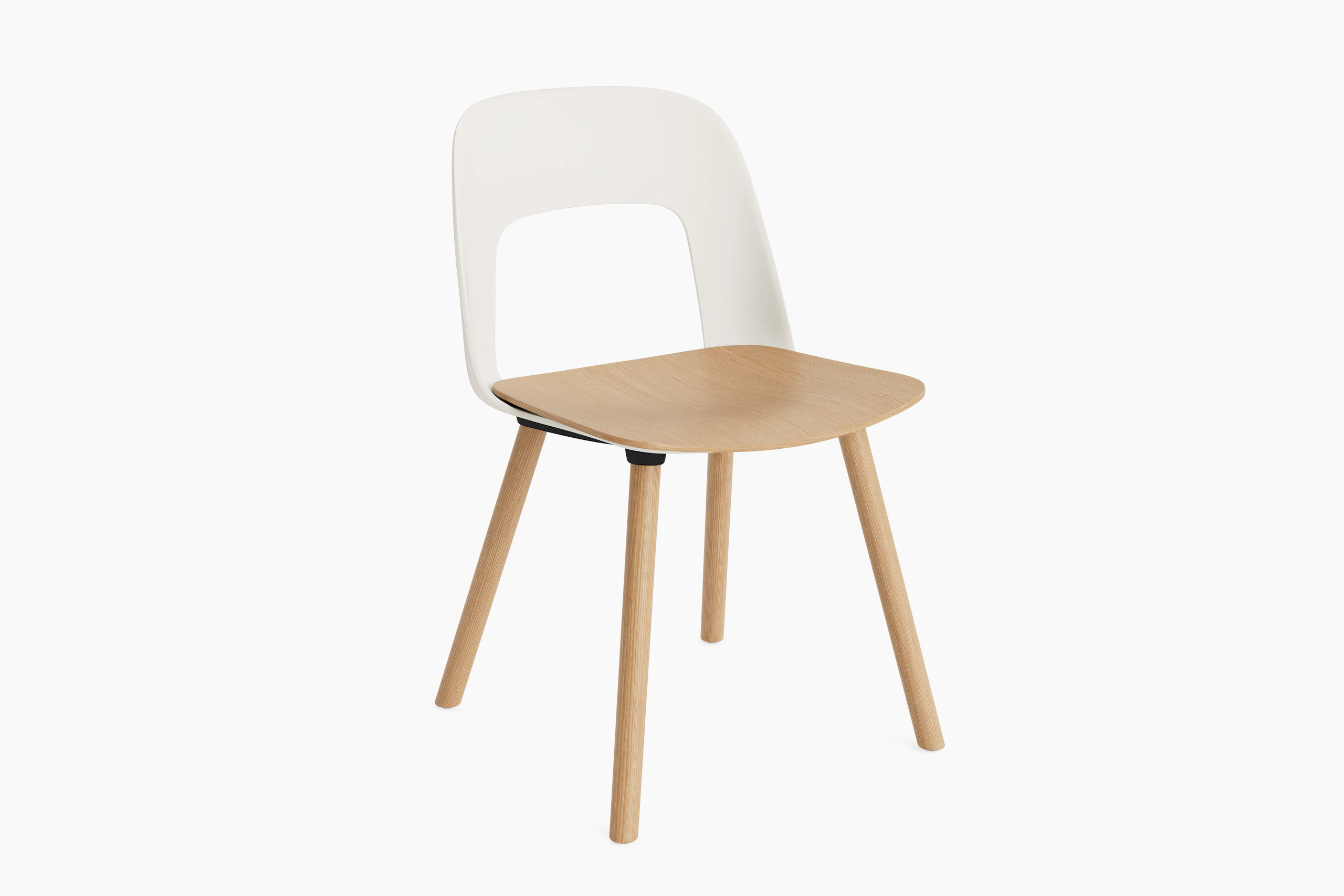 Layout Chair cream polypropylene shell with oak veneer seat on oak 4-leg base, front angled view