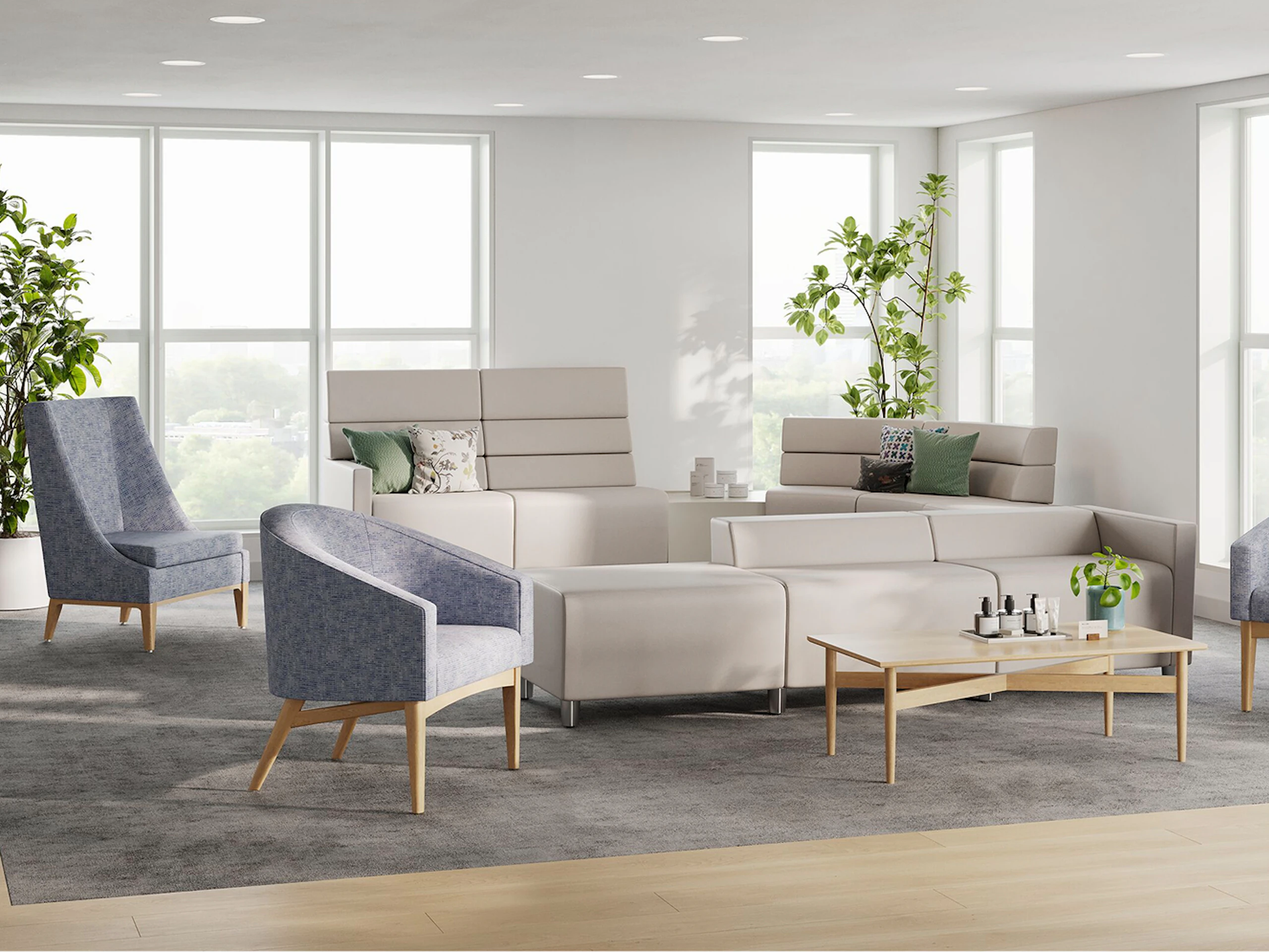 Premium waiting room, boutique care or dermatology office with Sophora Chairs and Steps Lounge