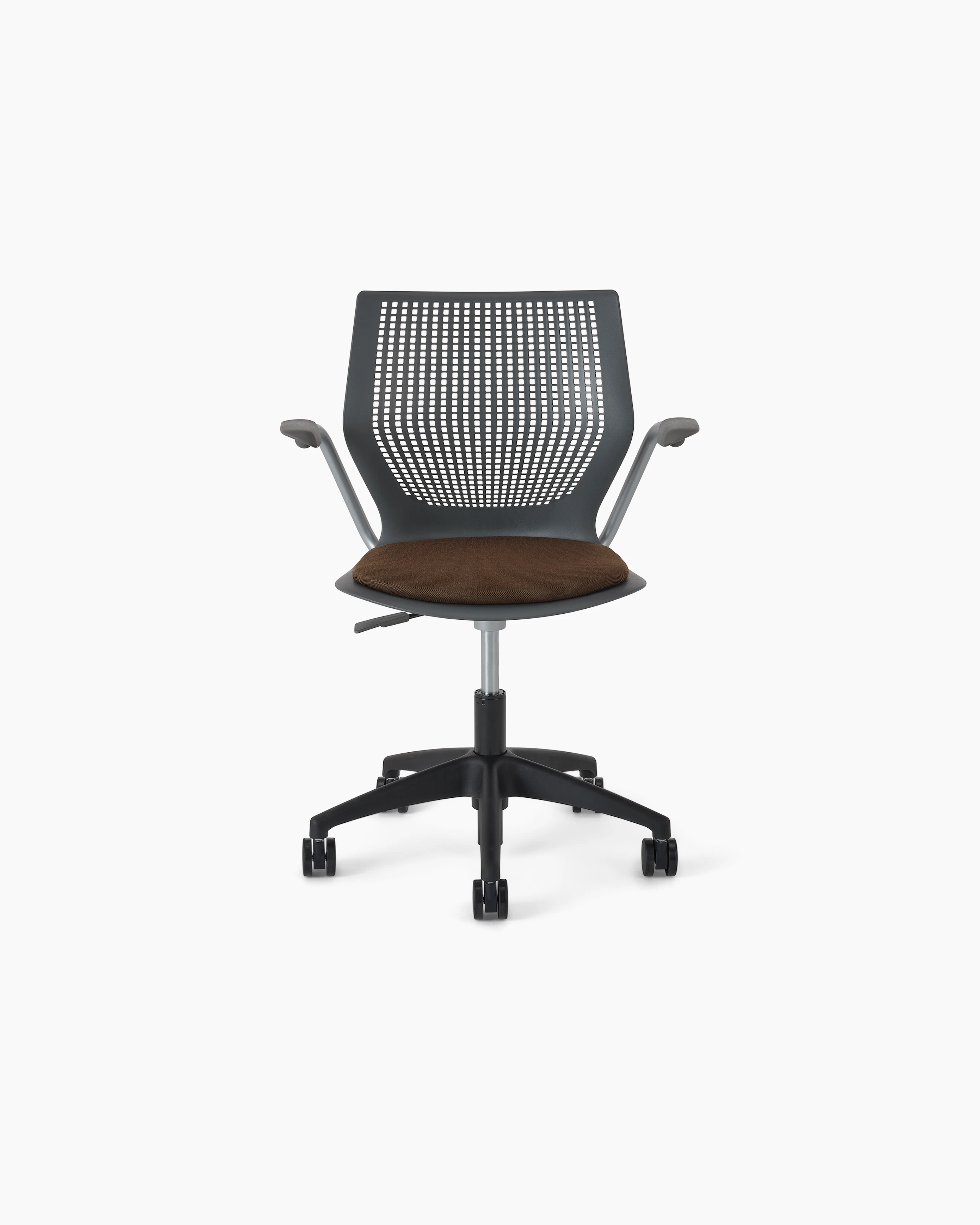 Multigeneration Light Task Chair with a silver frame, a black plastic base, arms, and a seat pad upholstered with reflect textile in the color Java (brown). White background.
