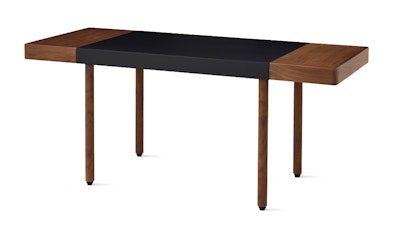 A dark brown and black Geiger Leatherwrap Sit-to-Stand desk