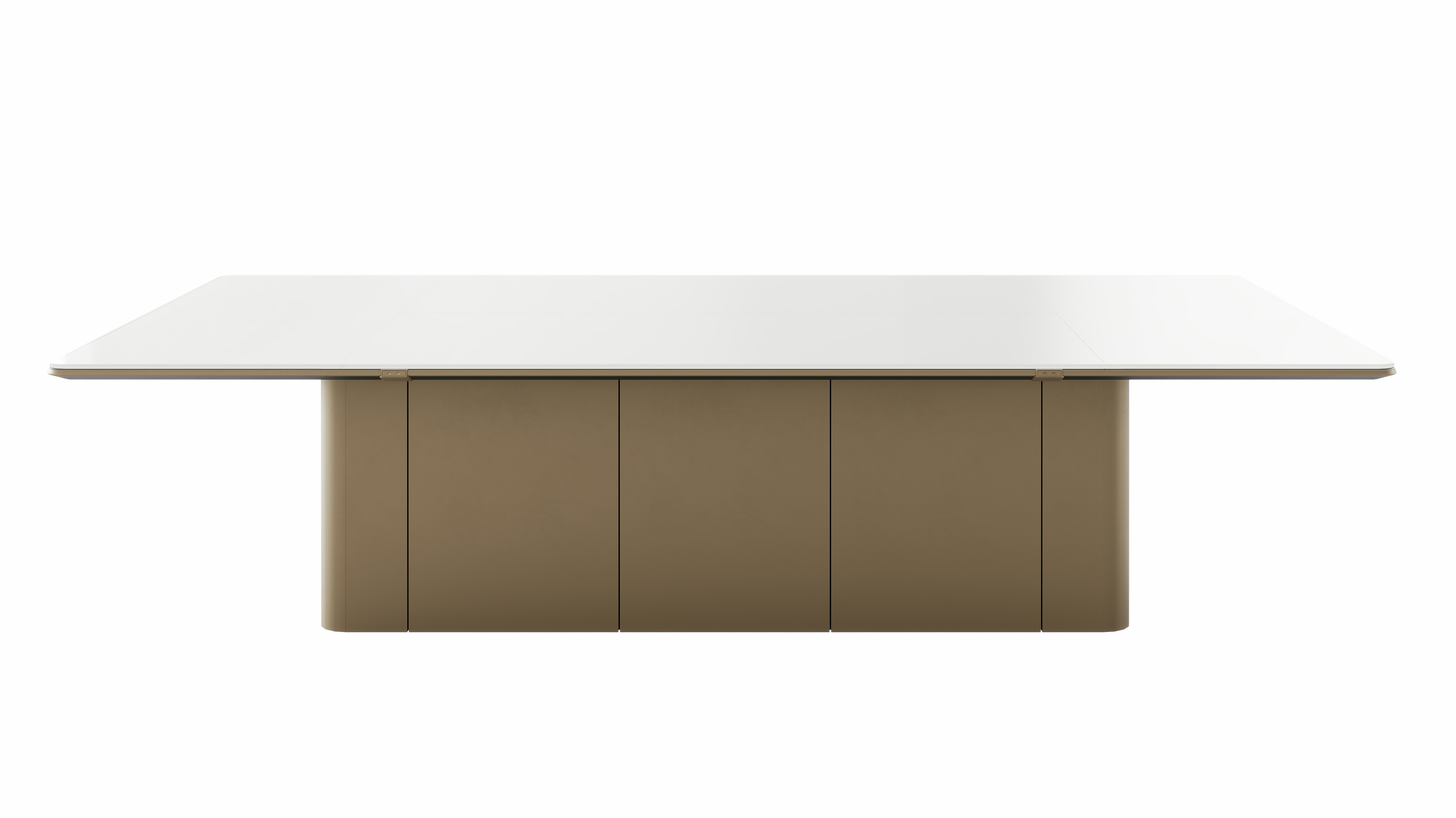 60"x120" Ascent Conference Table designed by EOOS with a clear White back painted glass top and plinth base in Slink Bronze, perieiter power and power drawers, viewed from the front.