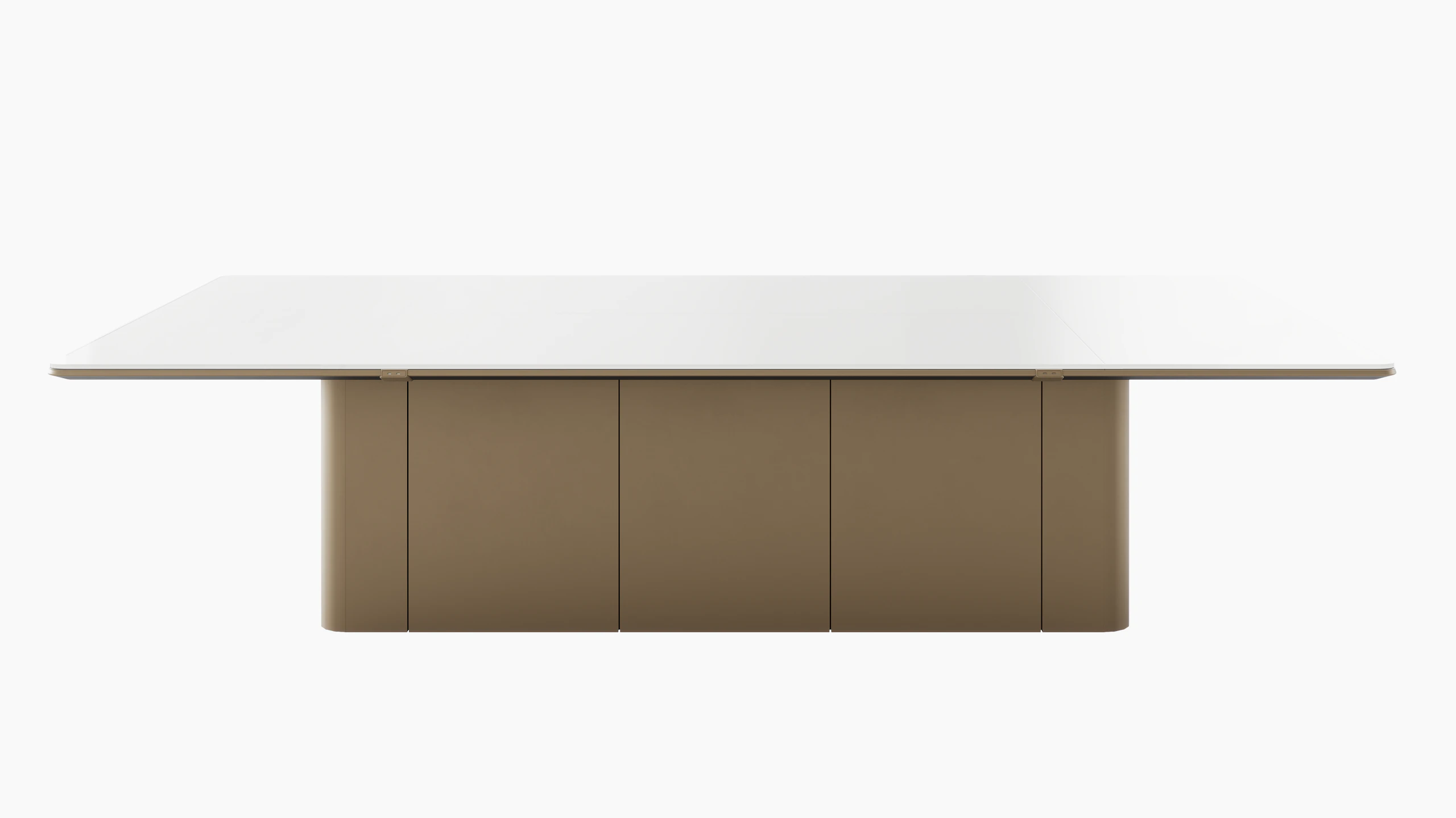 60"x120" Ascent Conference Table designed by EOOS with a clear White back painted glass top and plinth base in Slink Bronze, perieiter power and power drawers, viewed from the front.