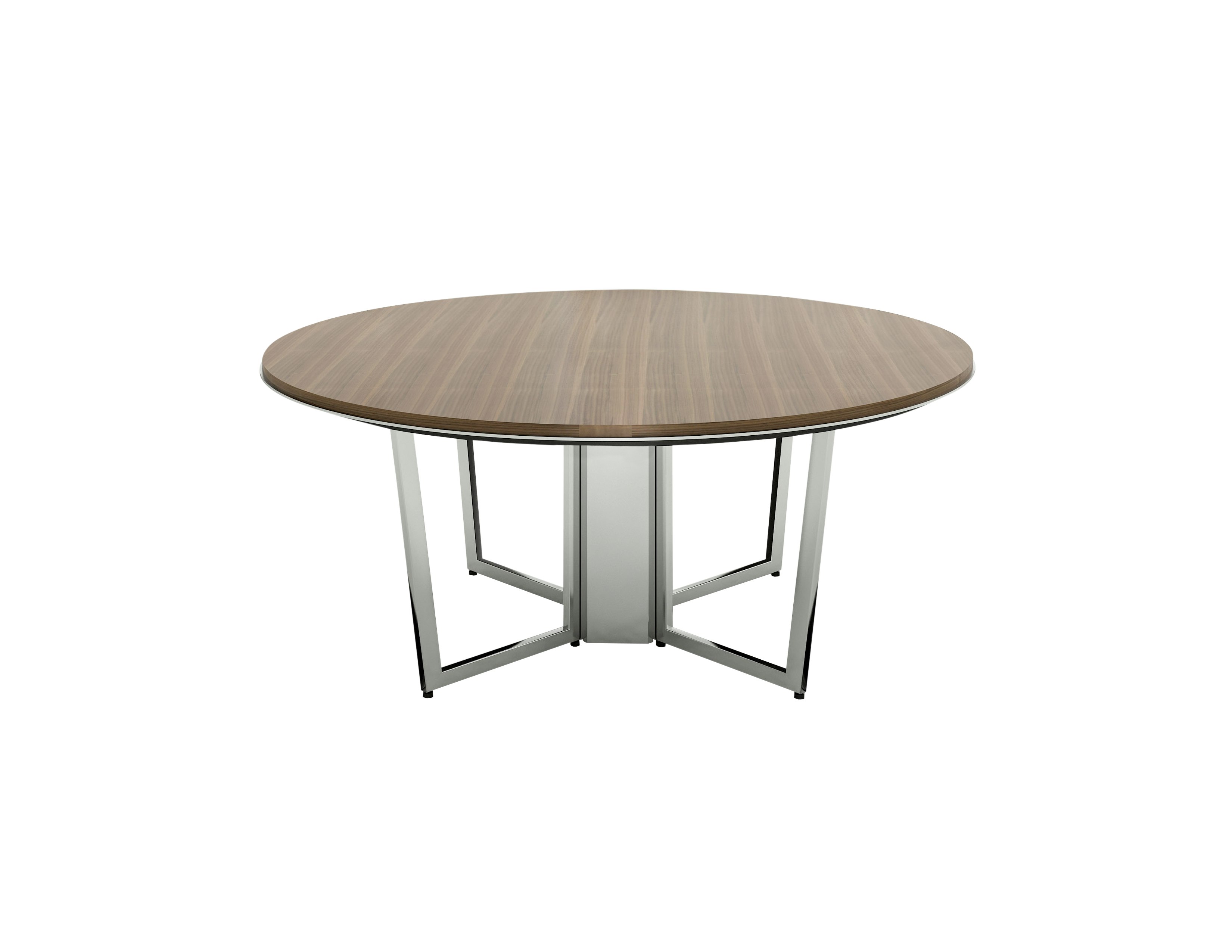 Highline Meeting Table with round custom stained Walnut top, polished chrome base, front view.