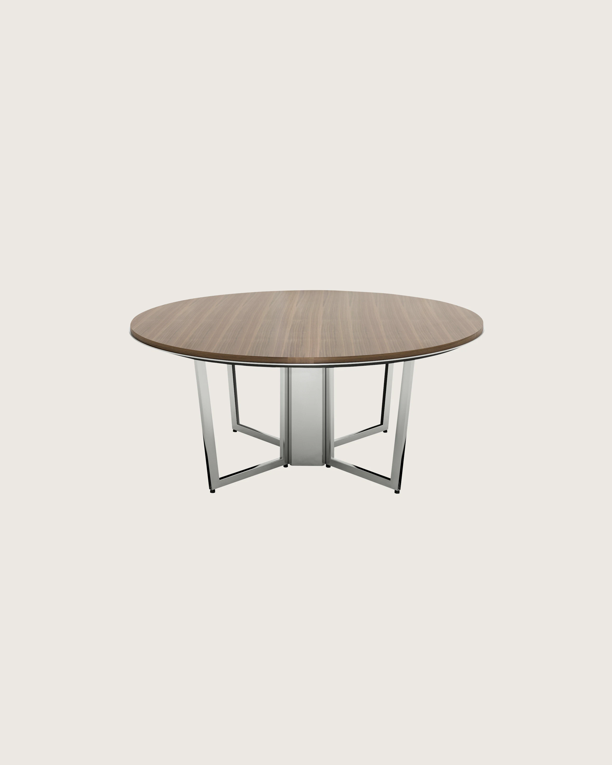 Highline Meeting Table with round custom stained Walnut top, polished chrome base, front view.