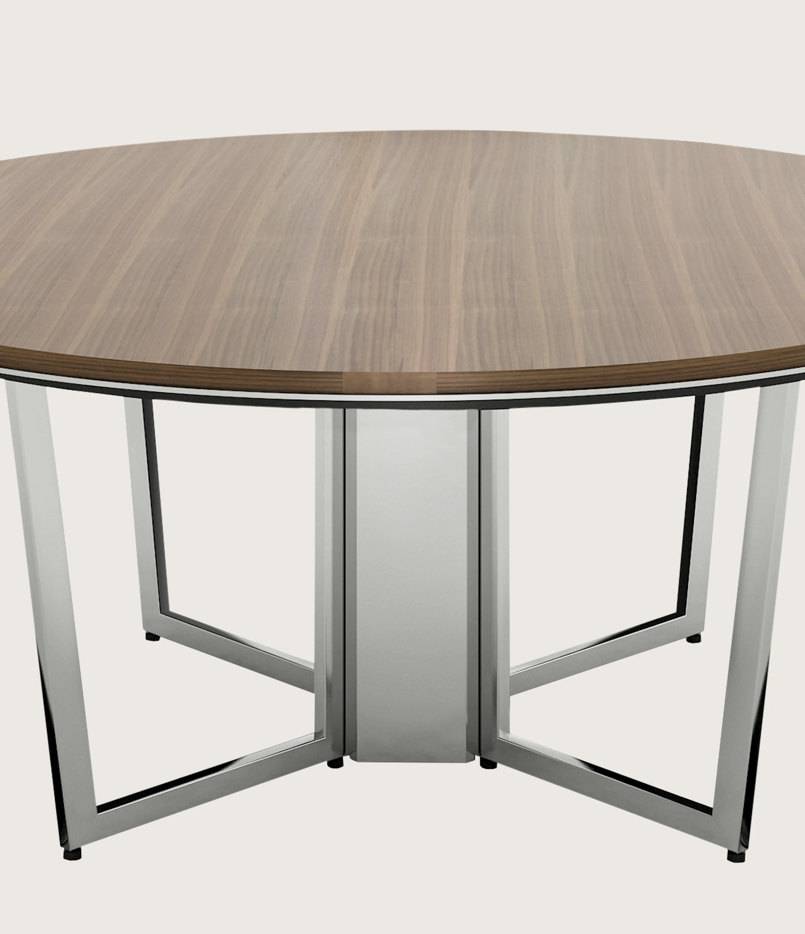 Highline Meeting Table with round custom stained Walnut top, polished chrome base, front view.