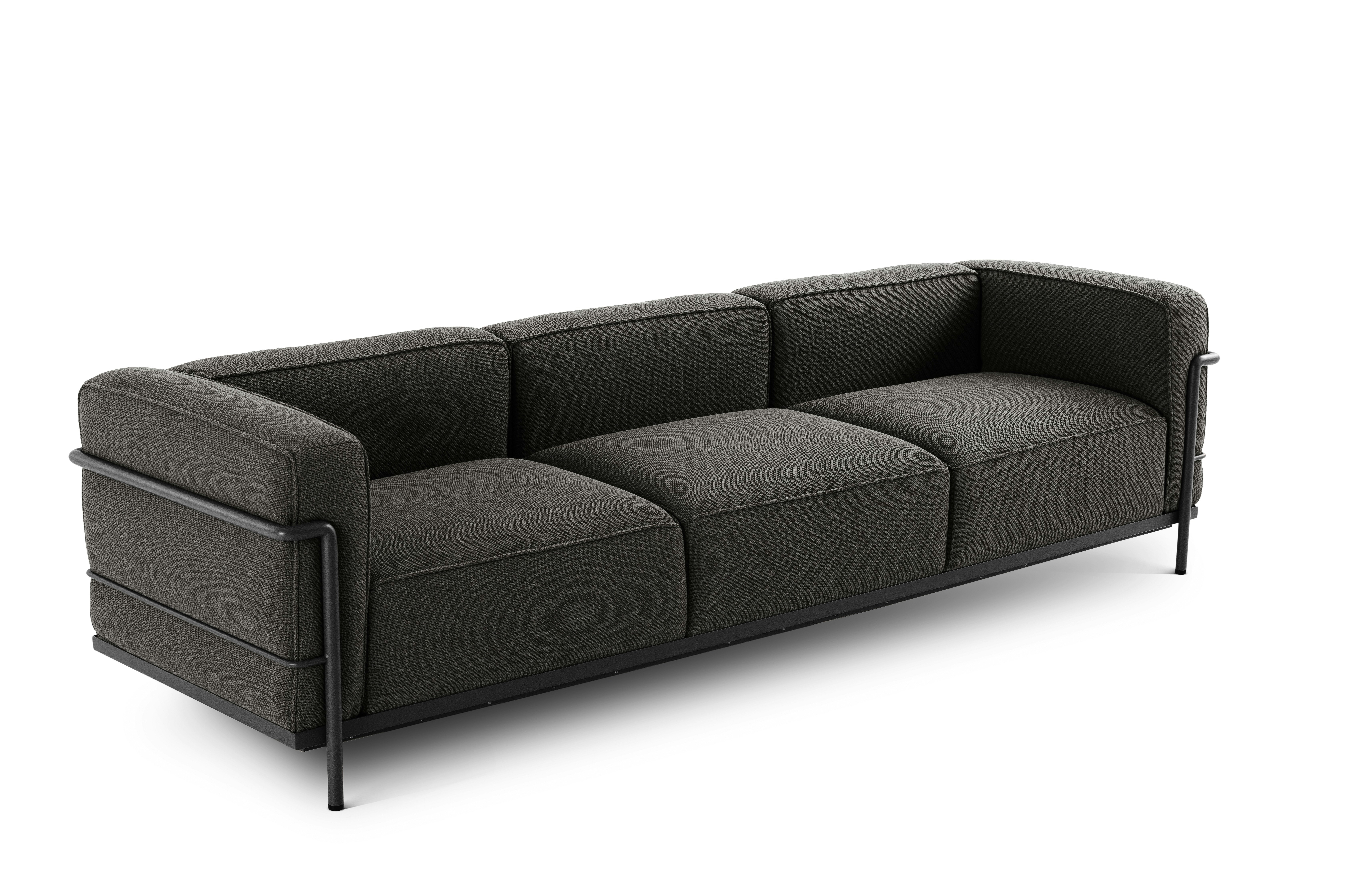 An LC Outdoor Sofa in Textured Black and Kemi Anthracite viewed at an angle