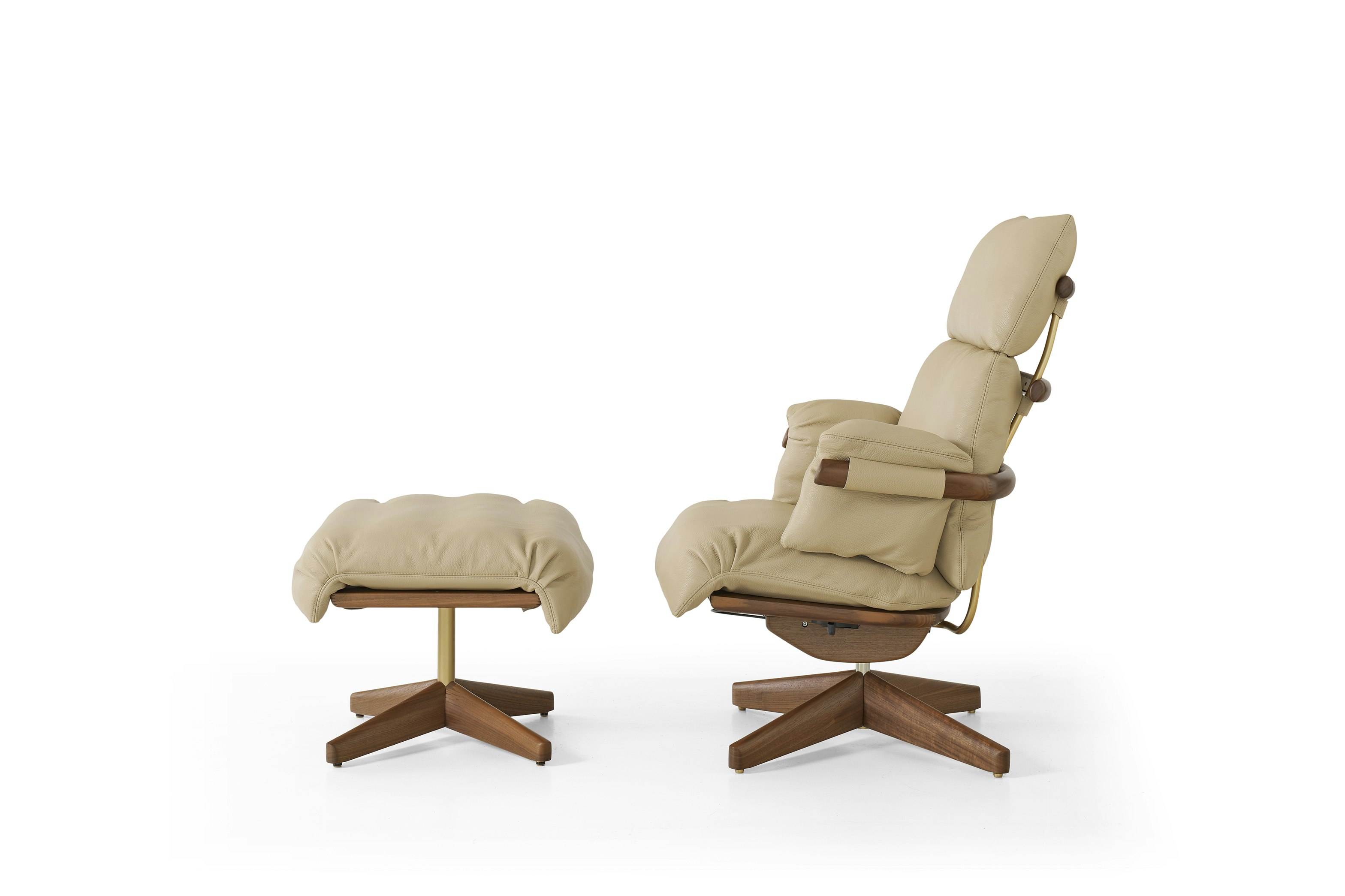 Ramus Lounge Chair & Ottoman - Comfort Leather,  Grey Beige,  Walnut,  Satin Brass
