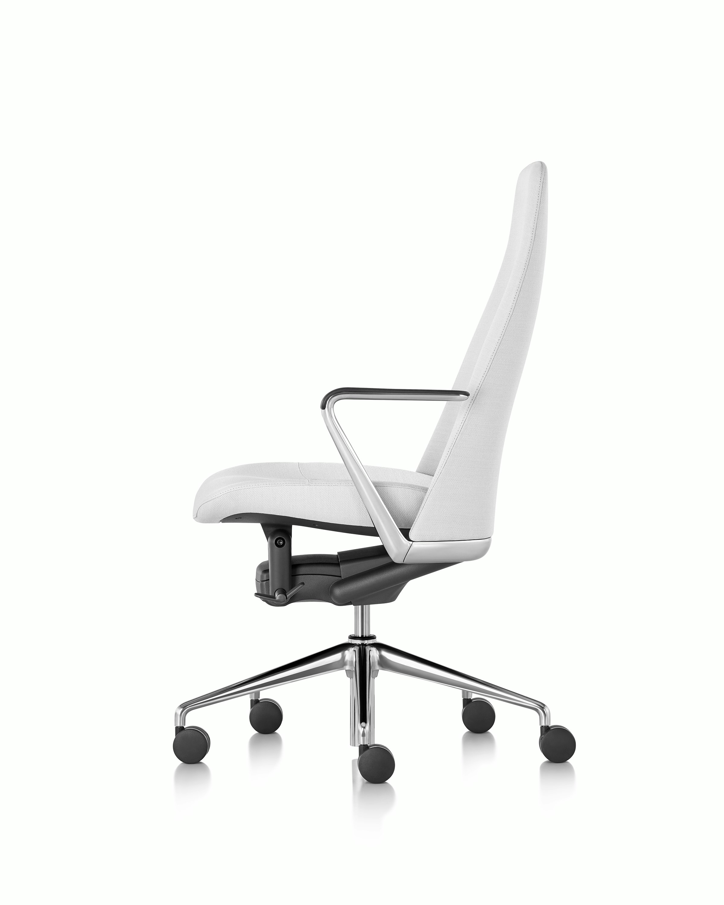 Side view of a Taper office chair upholstered in off-white fabric.