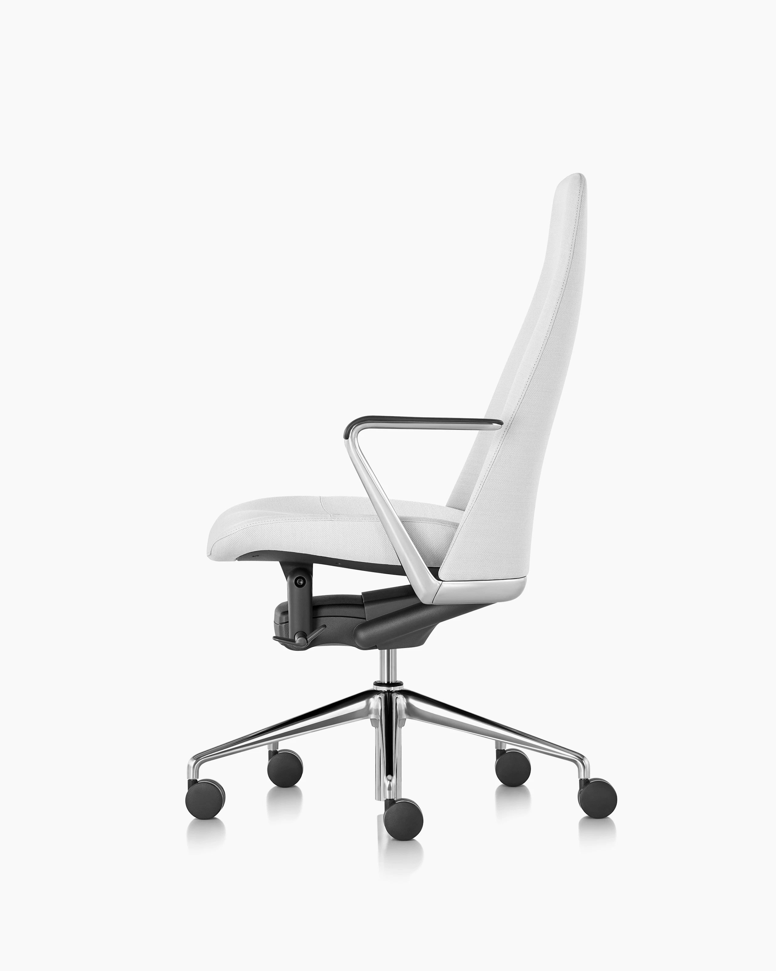 Side view of a Taper office chair upholstered in off-white fabric.