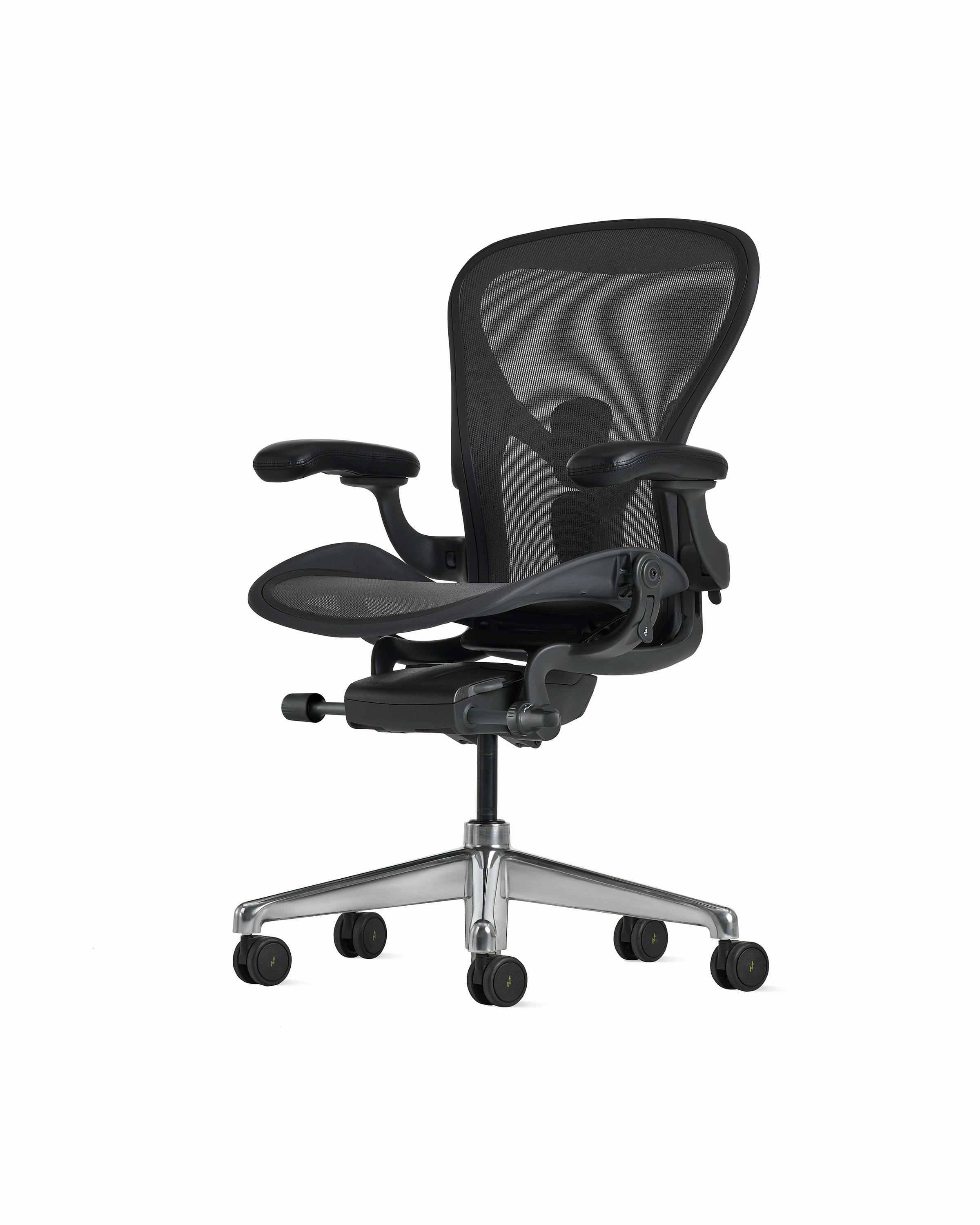Front angle view of an Aeron ESD chair in size B, granite frame and suspension and polished base.