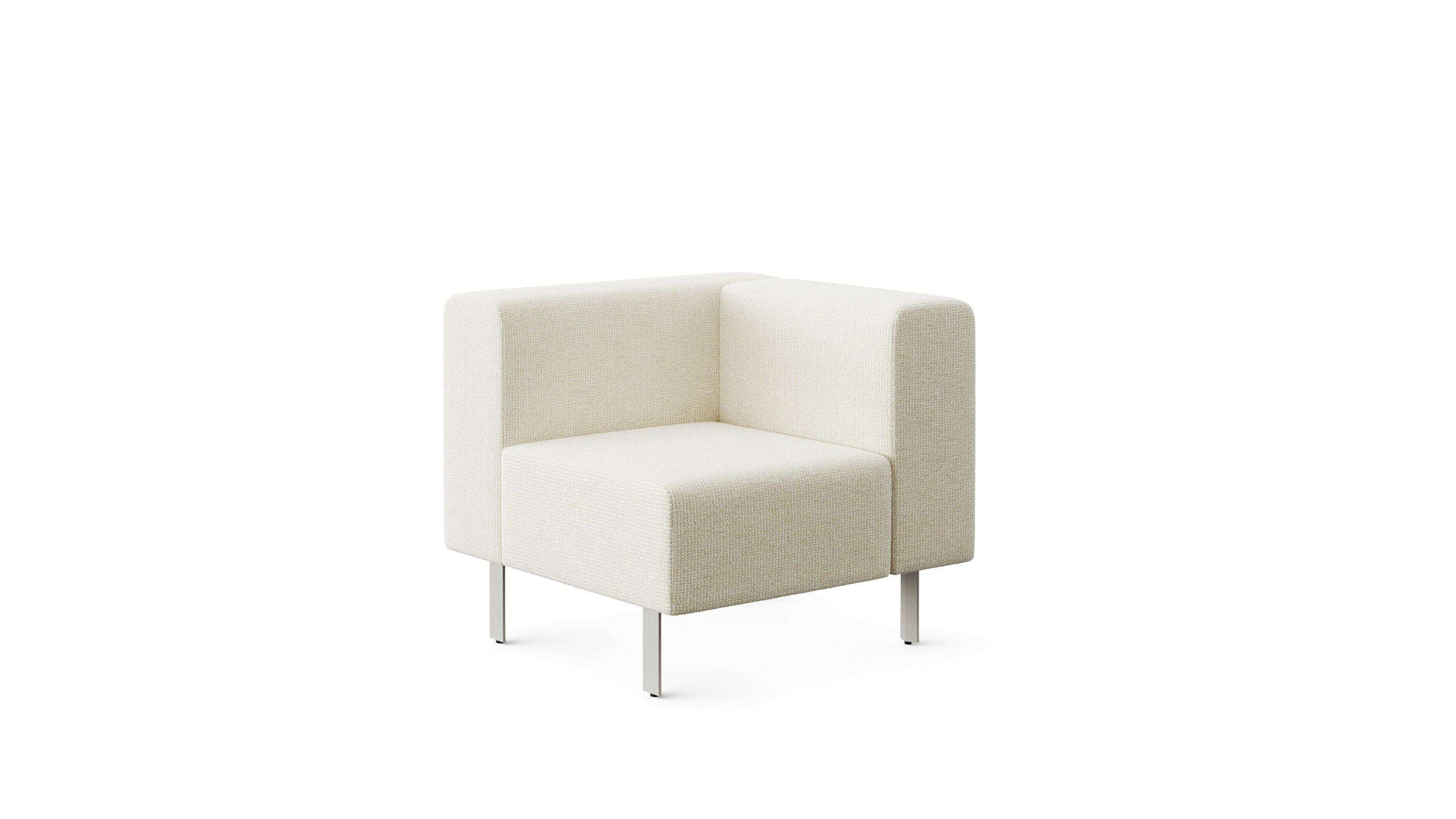 A corner piece of a lounge benching system is shown in a light colored upholstery.