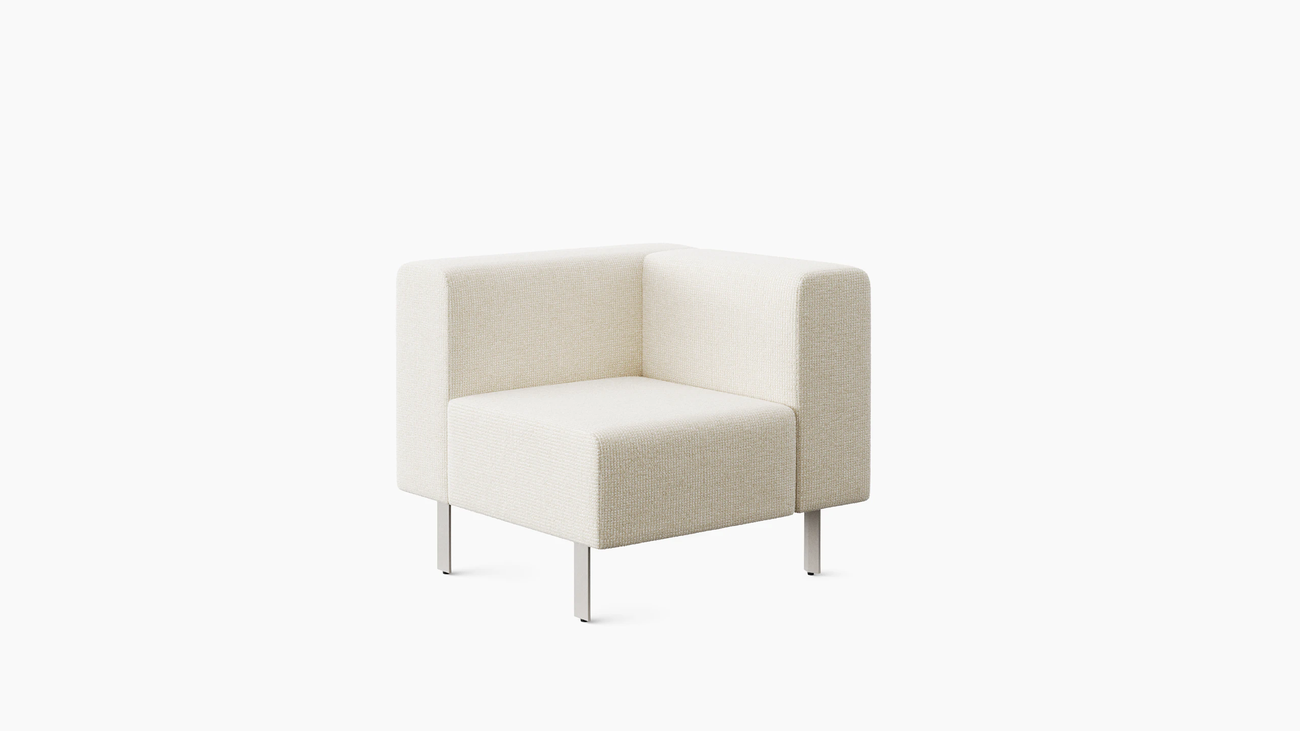 A corner piece of a lounge benching system is shown in a light colored upholstery.