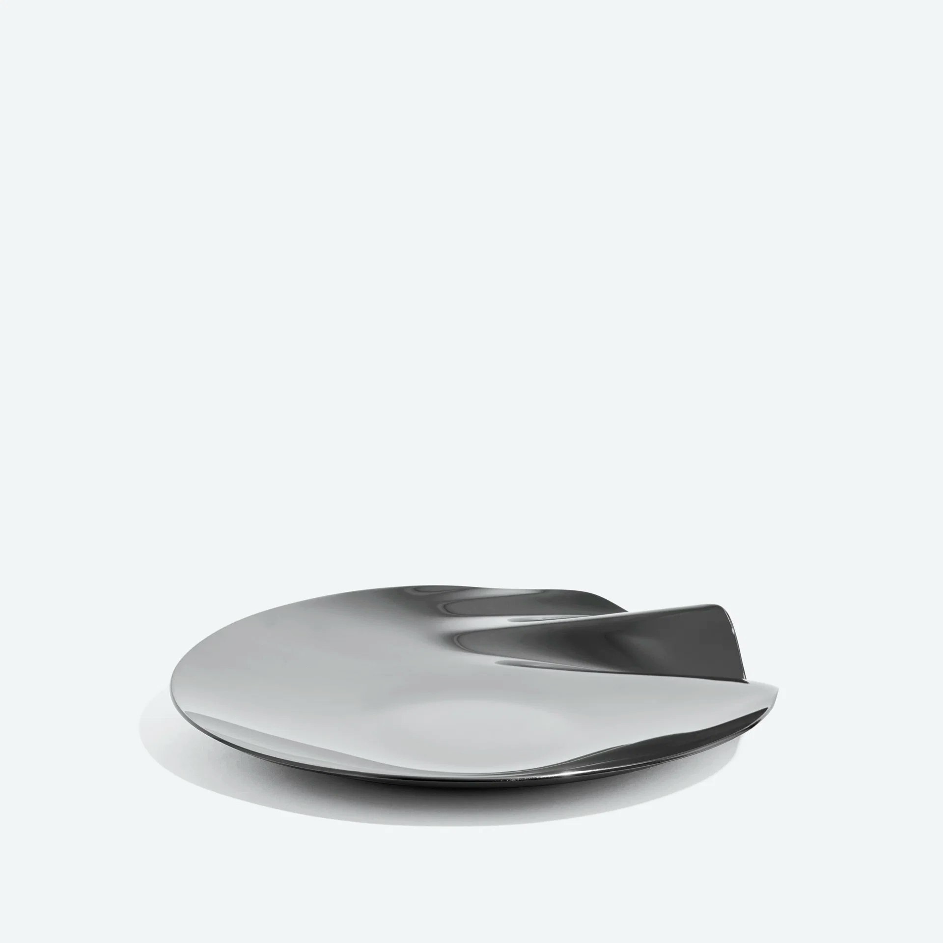A Serenity Platter in Medium, Stainless Steel viewed from the front.