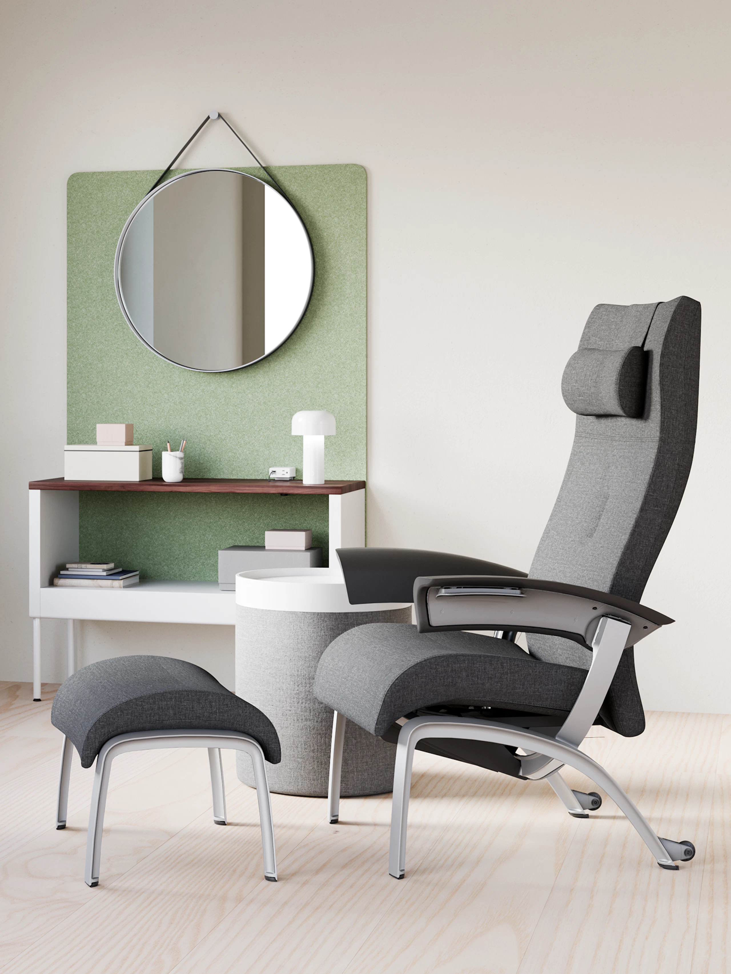 A clinician respite space for one person with a Nemschoff Nala Chair and Ottoman with Public Office Landscape storage bin and screen with a Hay Strap Mirror.