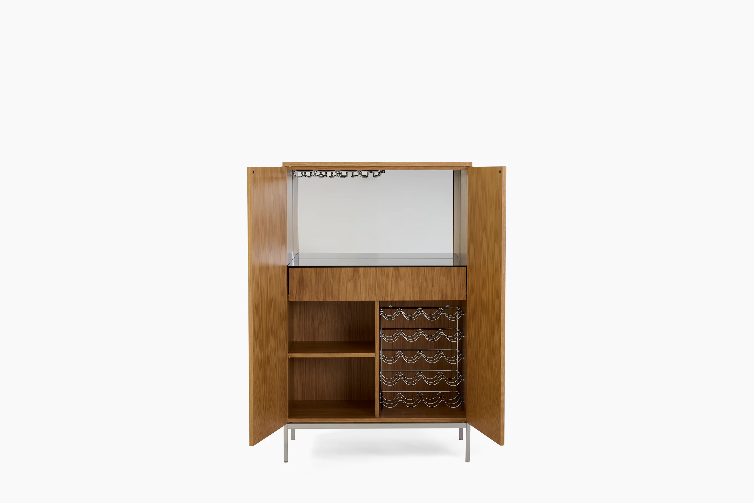 A Knoll Chermayeff Bar Cabinet in Oak viewed from the front.
