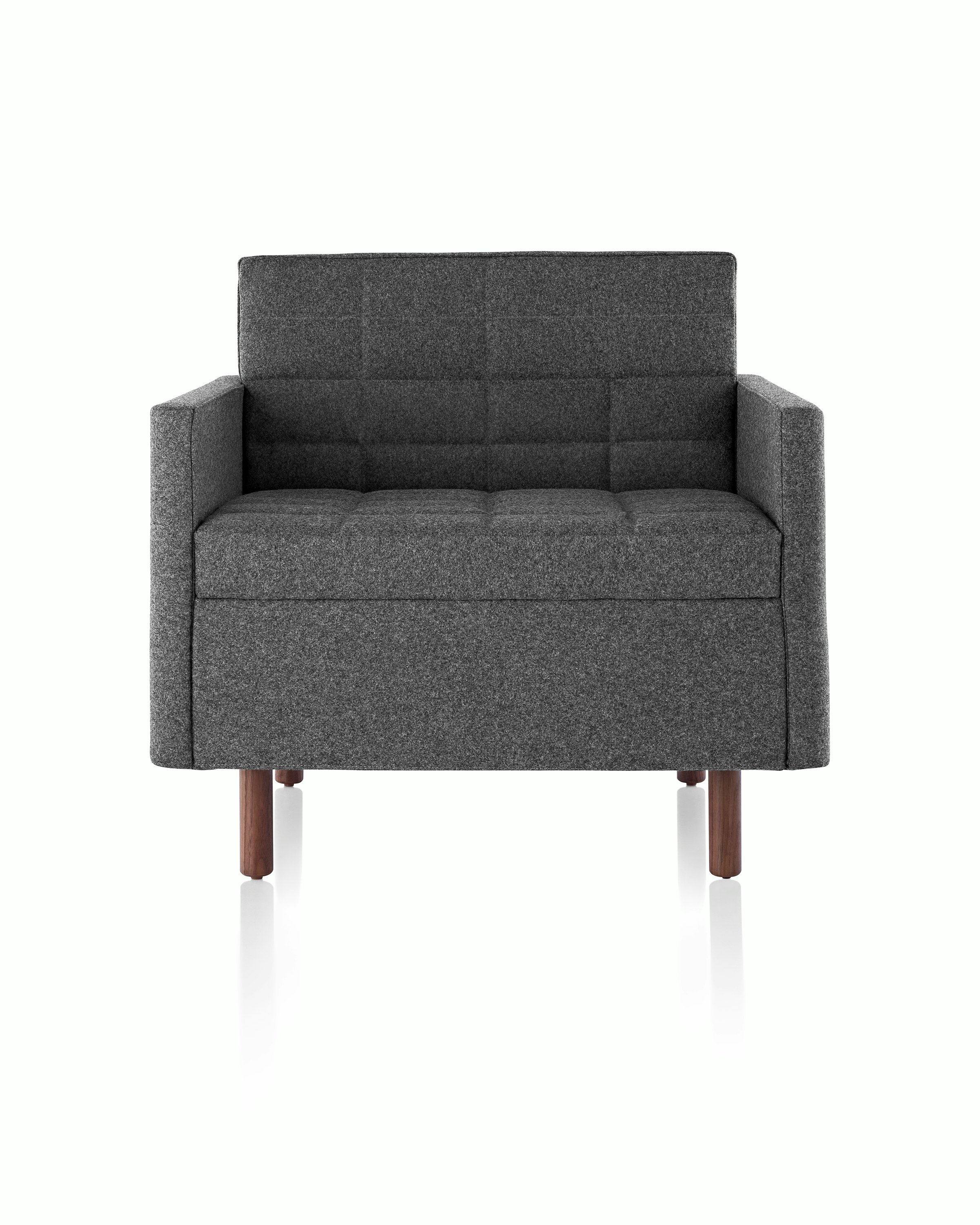 Front view of the seat and back of a dark gray Tuxedo Classic club chair, showing the quilted upholstery.