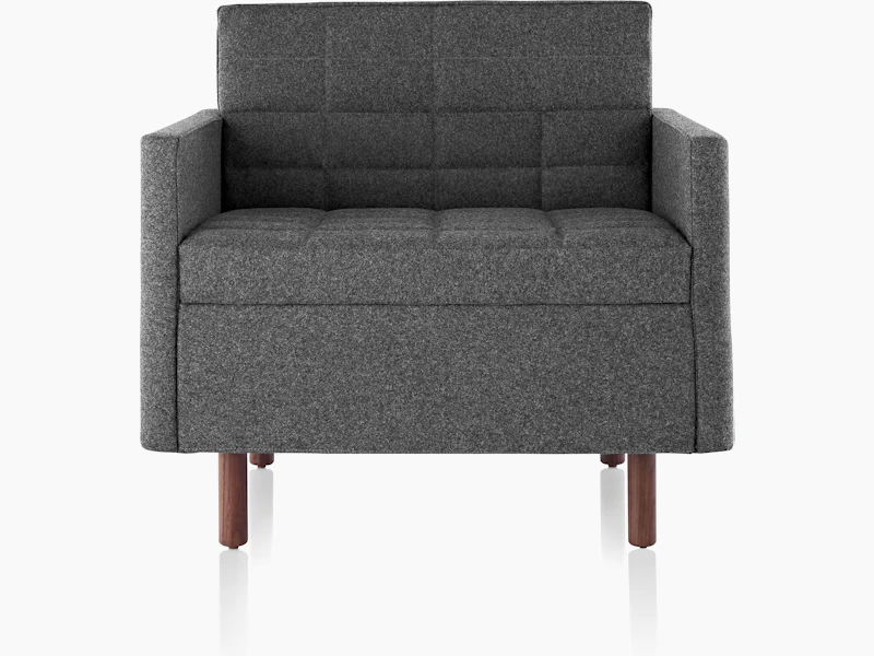 Front view of the seat and back of a dark gray Tuxedo Classic club chair, showing the quilted upholstery.