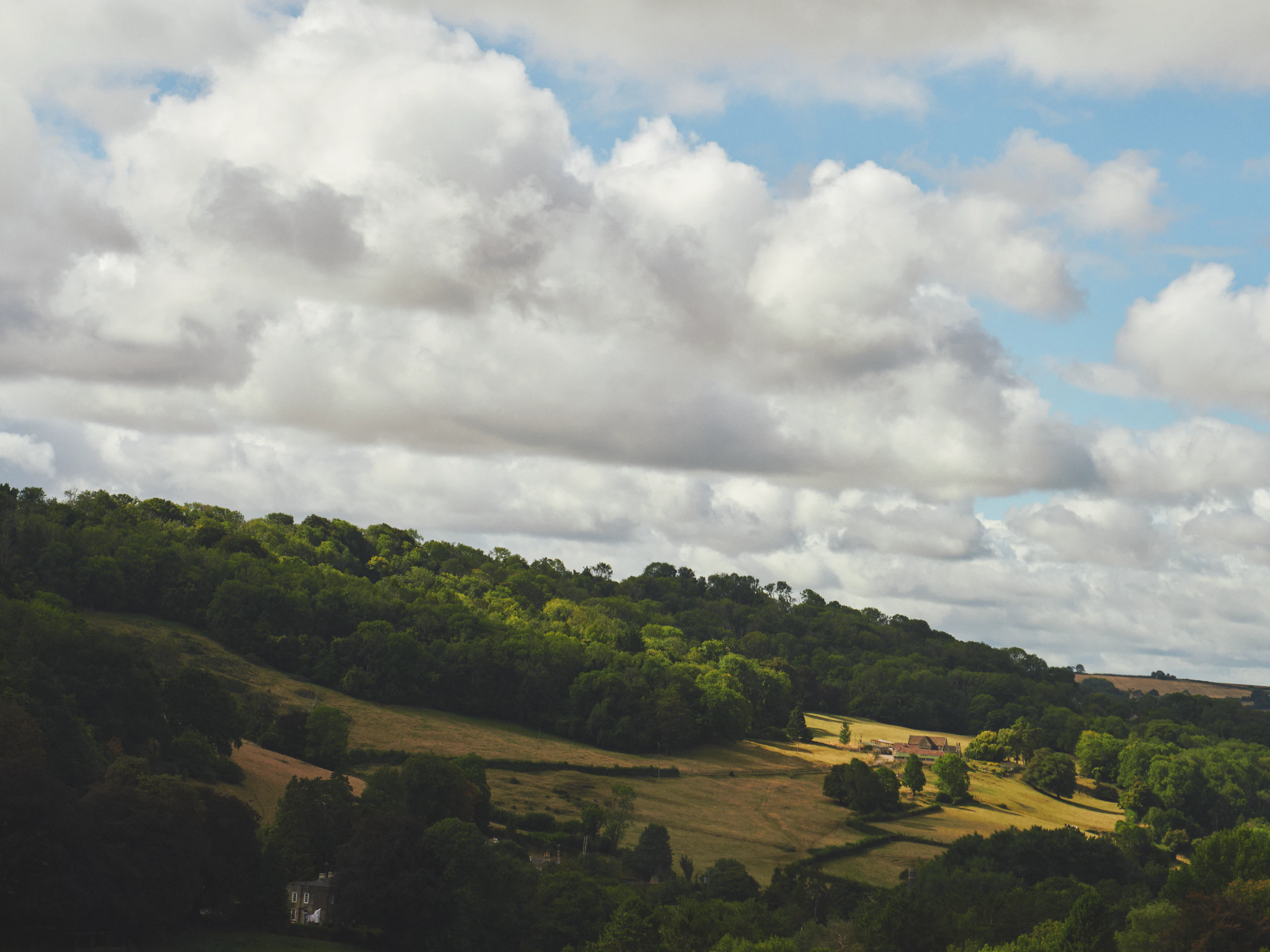 Green, rolling hills blanketed in trees beneath a cloudy sky.