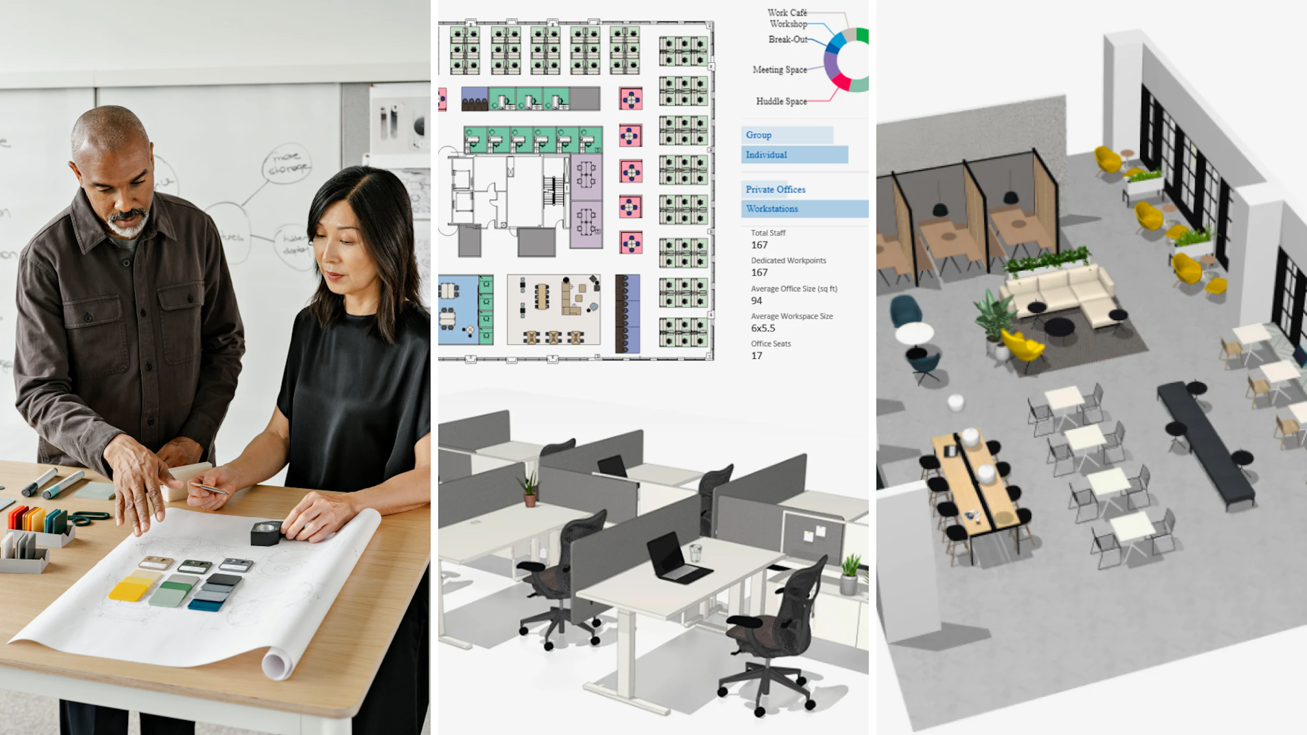 Collage of a man and woman at a table discussing textile swatches and two 3D renderings of space planning blueprints.