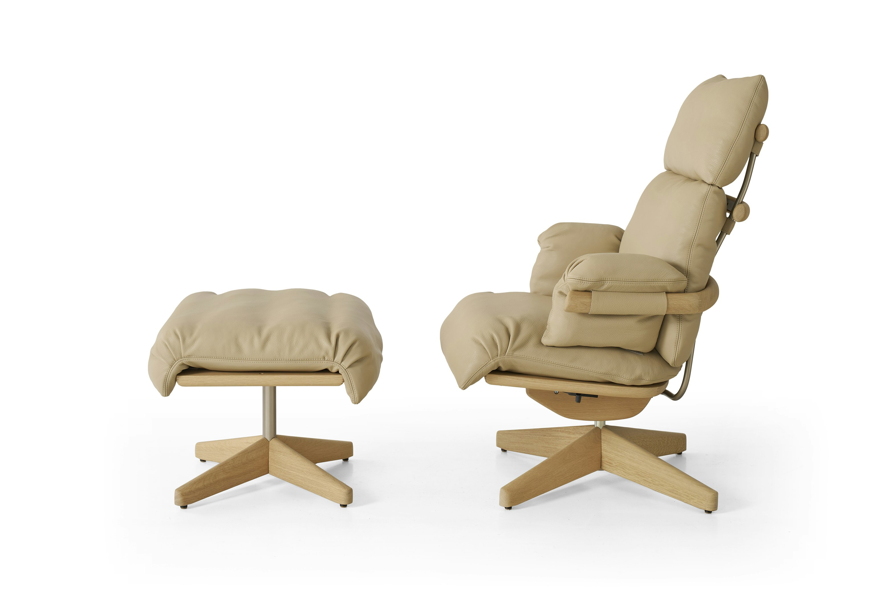 Ramus Lounge Chair & Ottoman - Comfort Leather,  Grey Beige,  Oak,  Satin Nickel