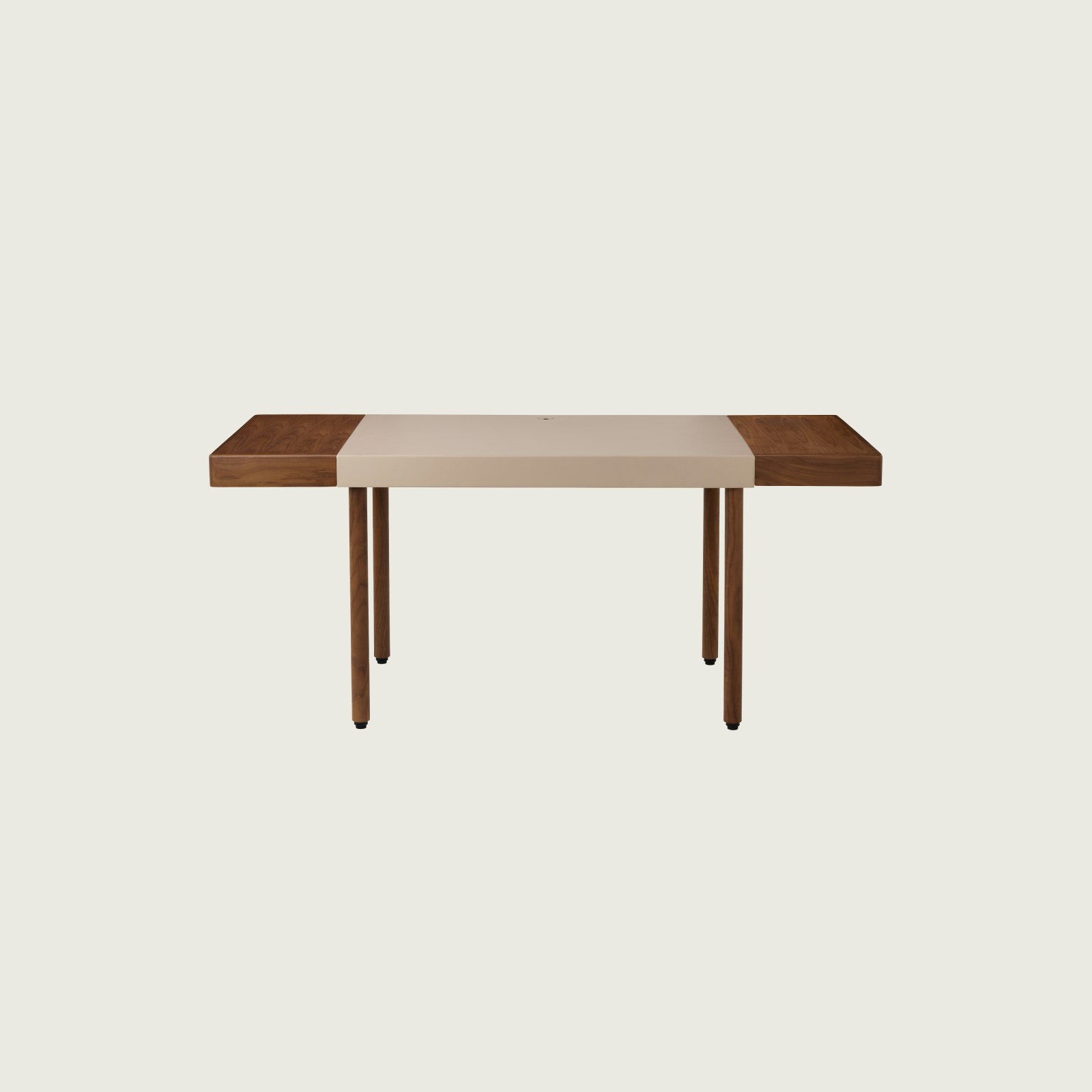 New Canaan Leatherwrap Sit-to-Stand Desk in Walnut and Champagne Leather, two drawers, front view.