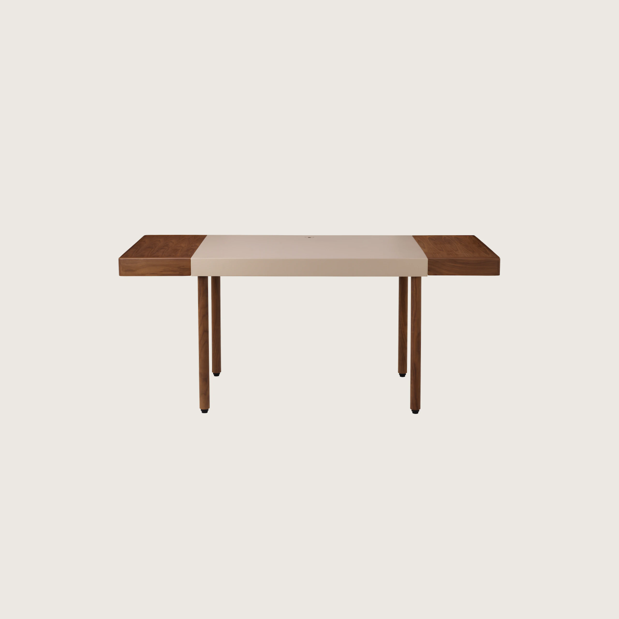 New Canaan Leatherwrap Sit-to-Stand Desk in Walnut and Champagne Leather, two drawers, front view.