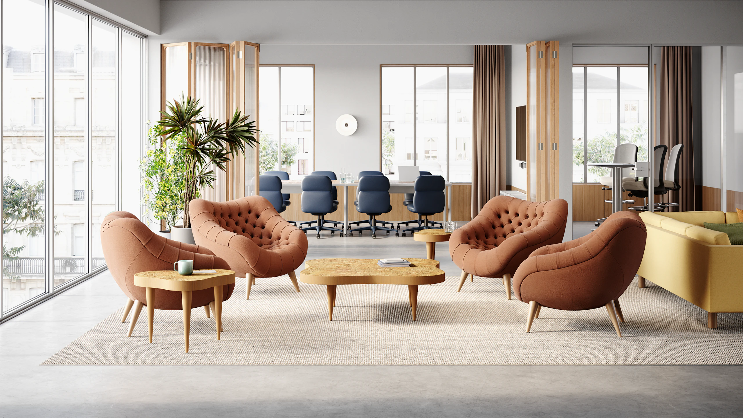 Lounge space with Rohde Easy Chairs and Rohde Paldao coffee and side table in oak burl.