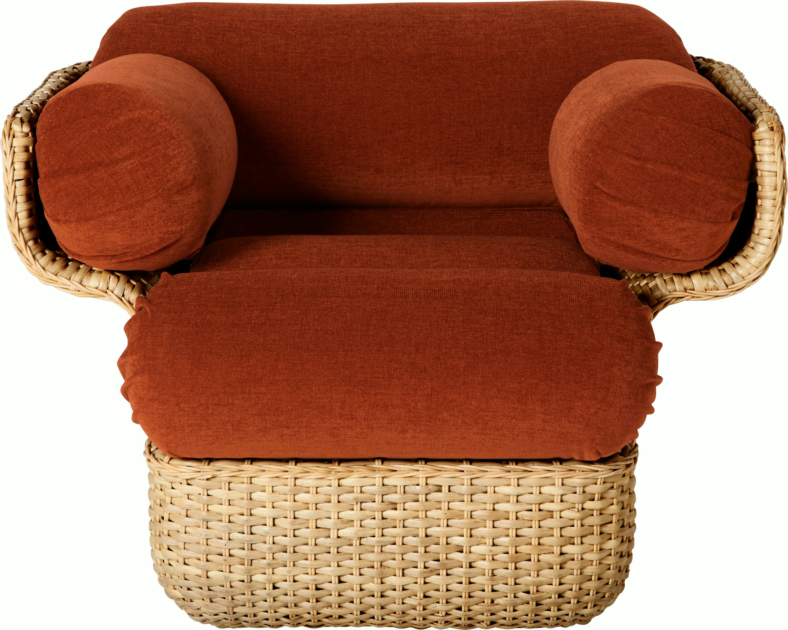 A Basket Lounge Chair in Rust, Rattan viewed from the front.