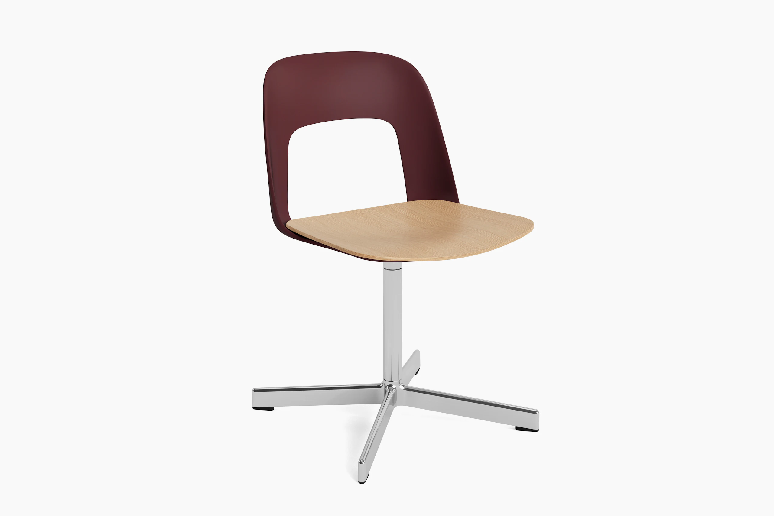 Plastic shell armless chair with plywood seat on 4 star swivel base, angled view