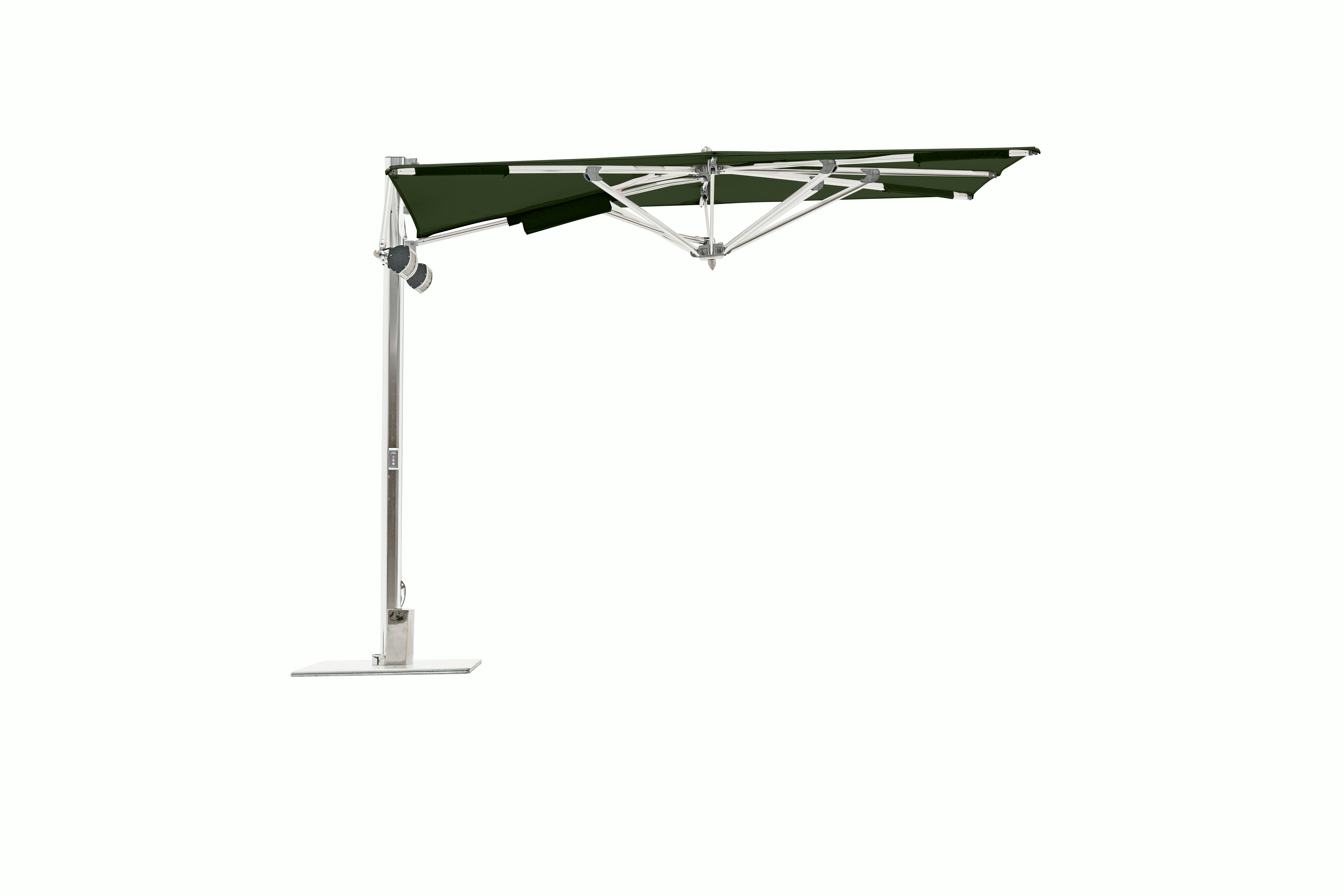 A Tuuci Ocean Master Max Low-Profile Cantilever Umbrella w/Heating & Lighting in Woodland White Low viewed from the front.