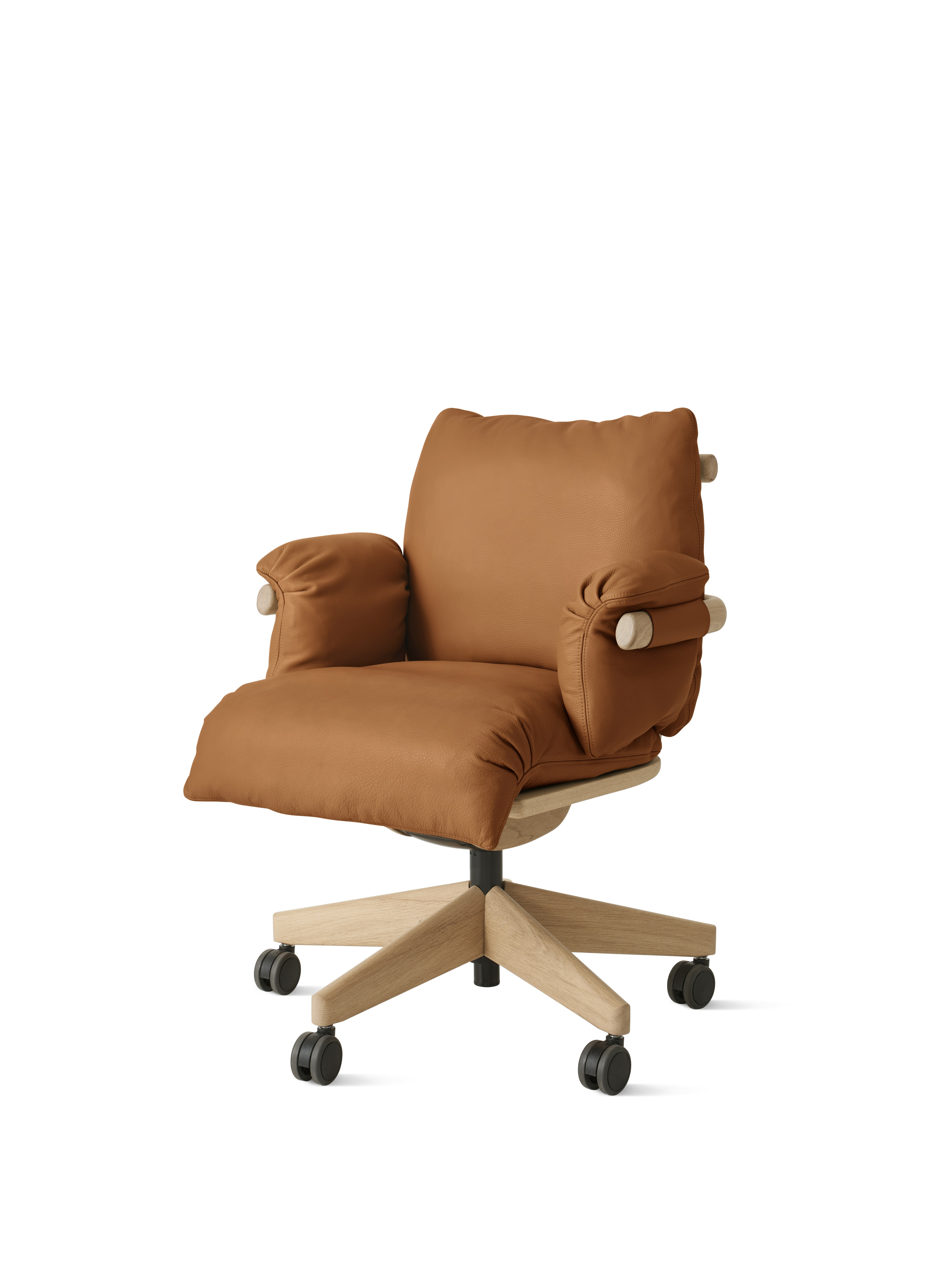Ramus Chair - Low Back,  Comfort Leather,  Chestnut Brown,  Oak,  Satin Brass,  Hard Floor Caster