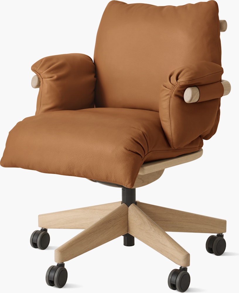 Ramus Chair - Low Back,  Comfort Leather,  Chestnut Brown,  Oak,  Satin Brass,  Hard Floor Caster