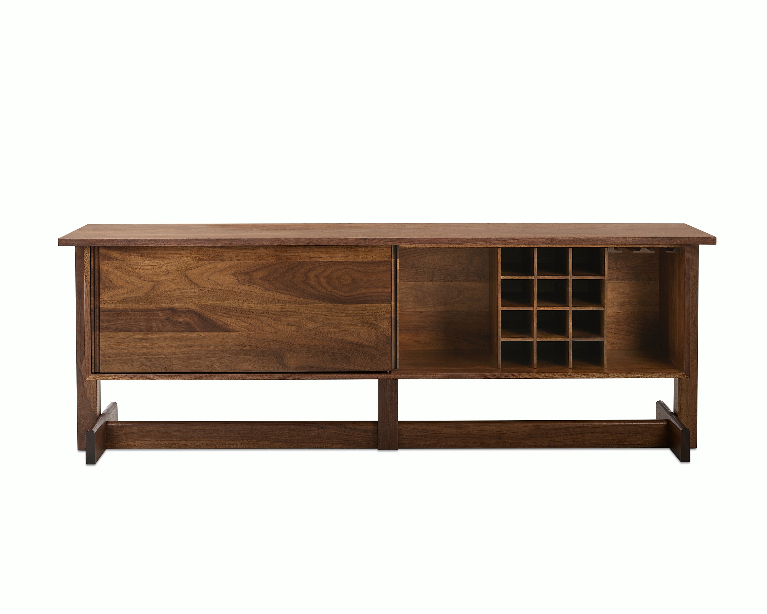Dark brown Land Storage credenza with open door, viewed from the front.
