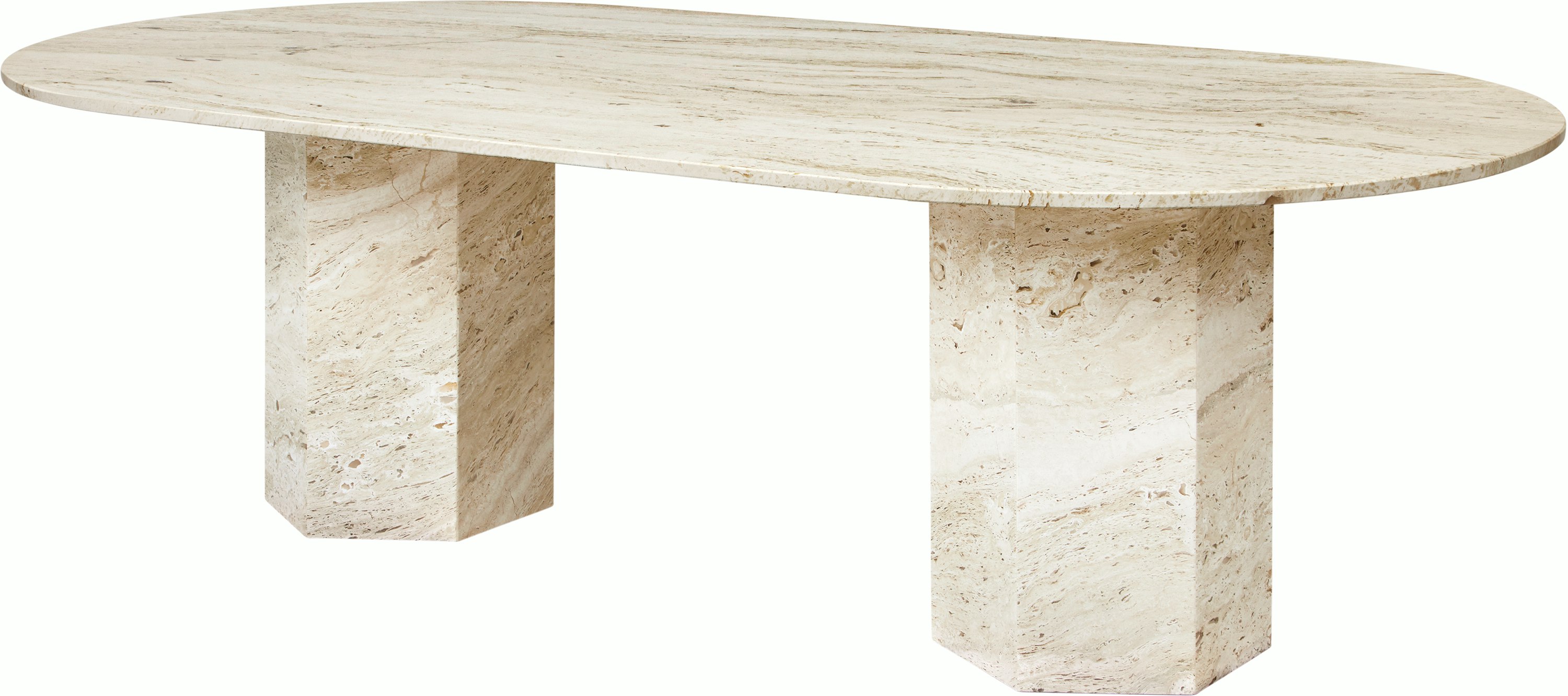 A Epic Dining Table in Travertine, Neutral White viewed from an angle.