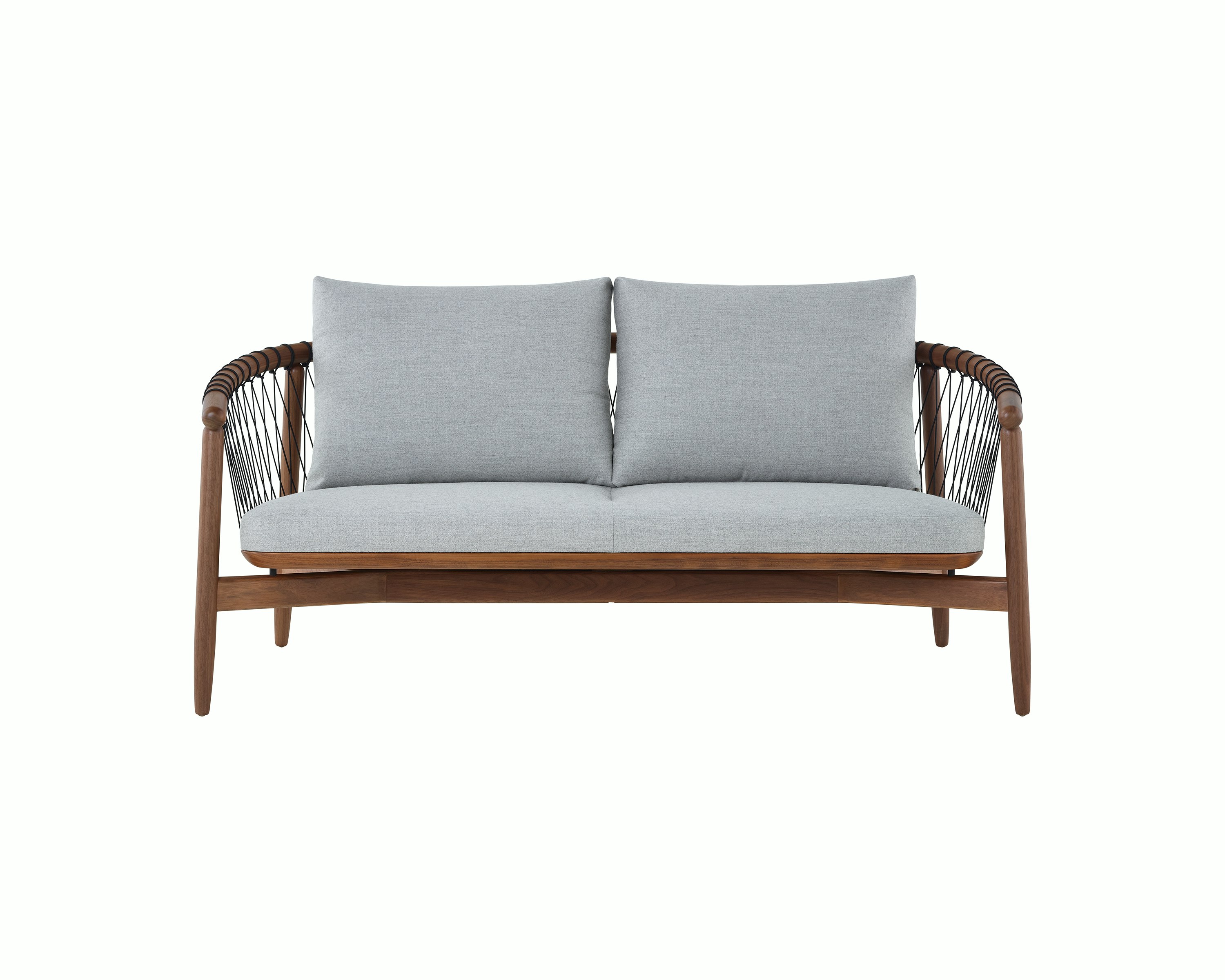 A Crosshatch Settee with a walnut frame, black cords, and light neutral fabric, viewed from the front.