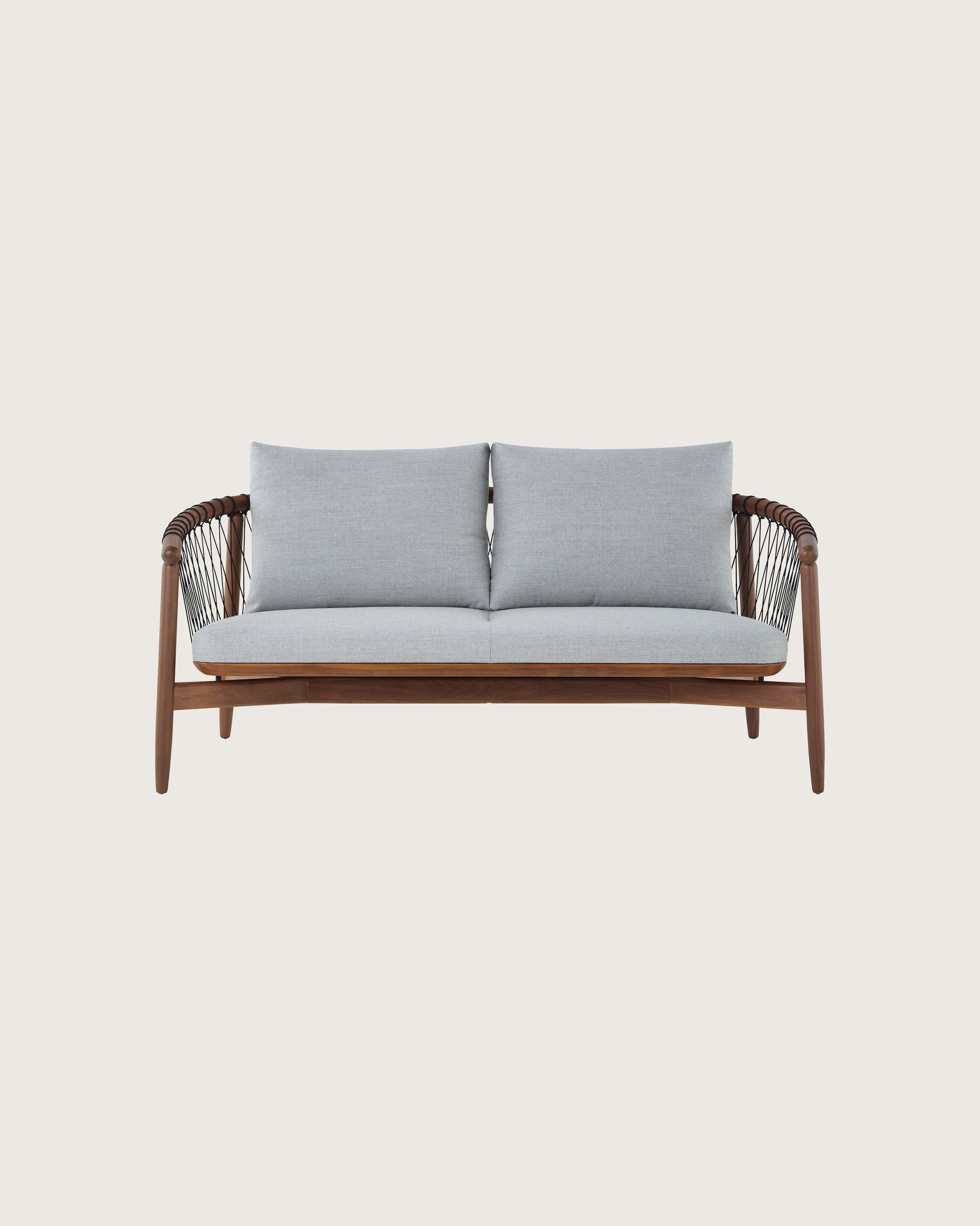A Crosshatch Settee with a walnut frame, black cords, and light neutral fabric, viewed from the front.