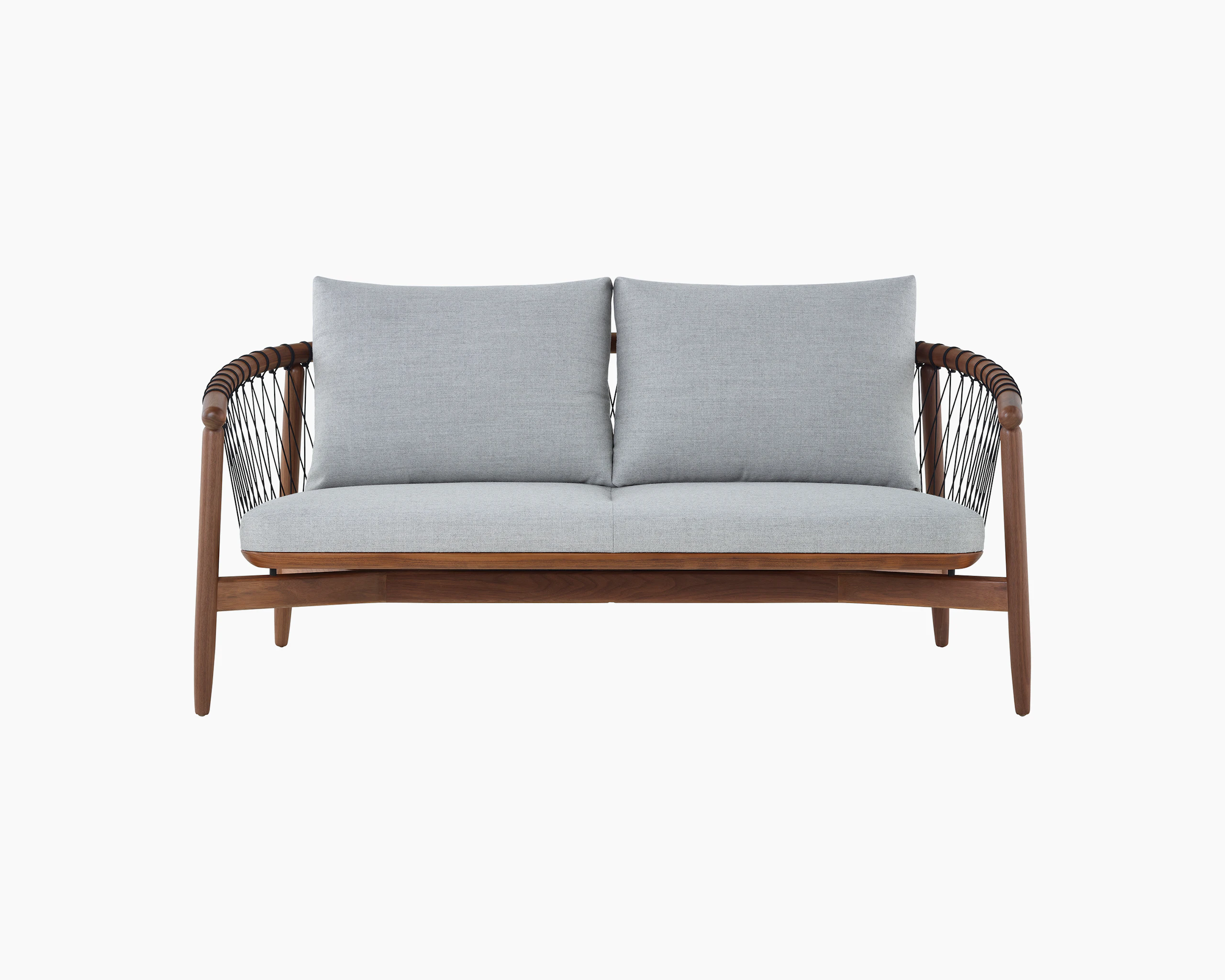 A Crosshatch Settee with a walnut frame, black cords, and light neutral fabric, viewed from the front.
