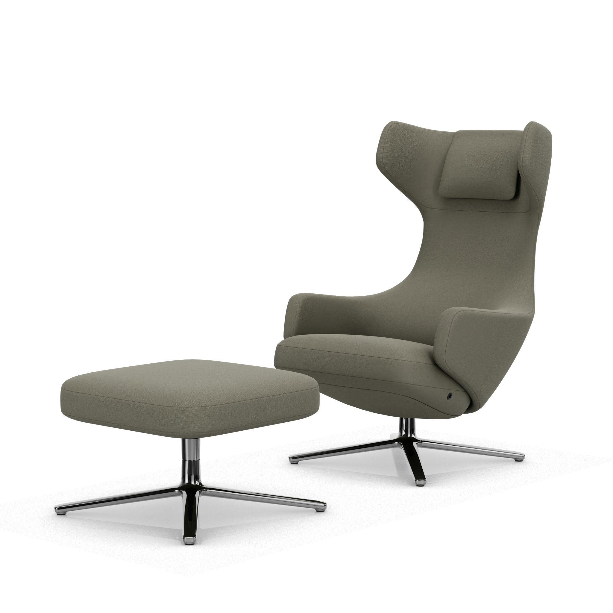 Grand Repos Lounge Chair and Ottoman - Hola, Truffle, Polished Aluminum