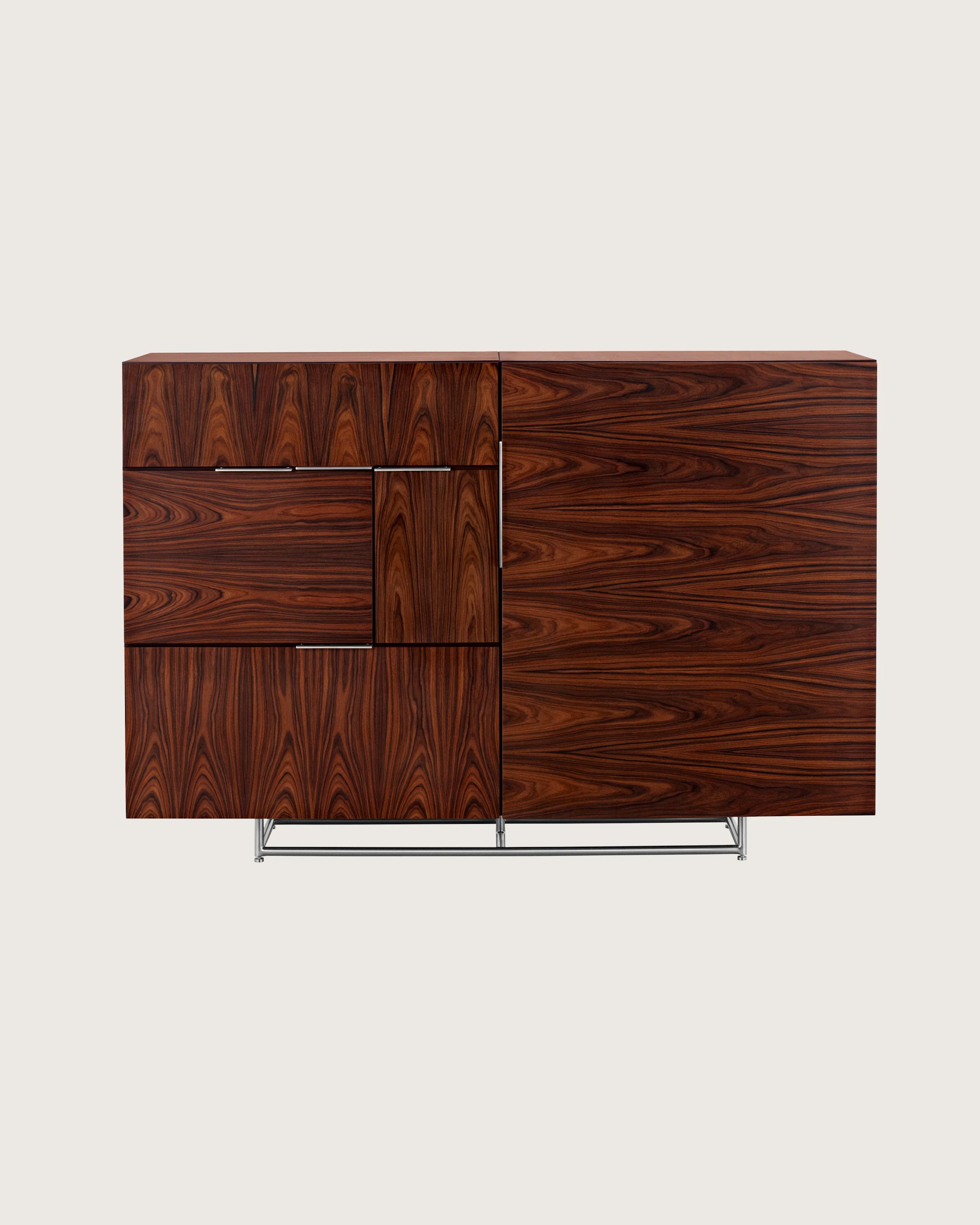 A Domino Storage sideboard with a dark wood finish and a mix of grain direction, viewed from the front.