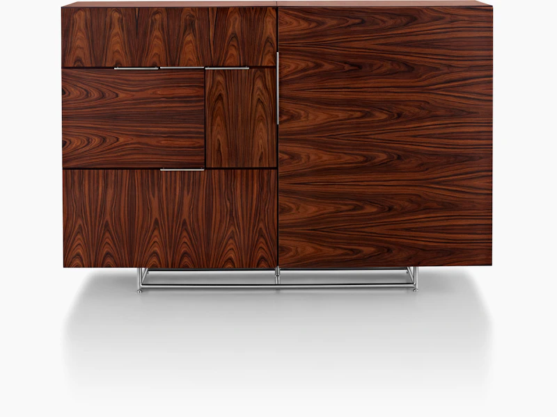 A Domino Storage sideboard with a dark wood finish and a mix of grain direction, viewed from the front.