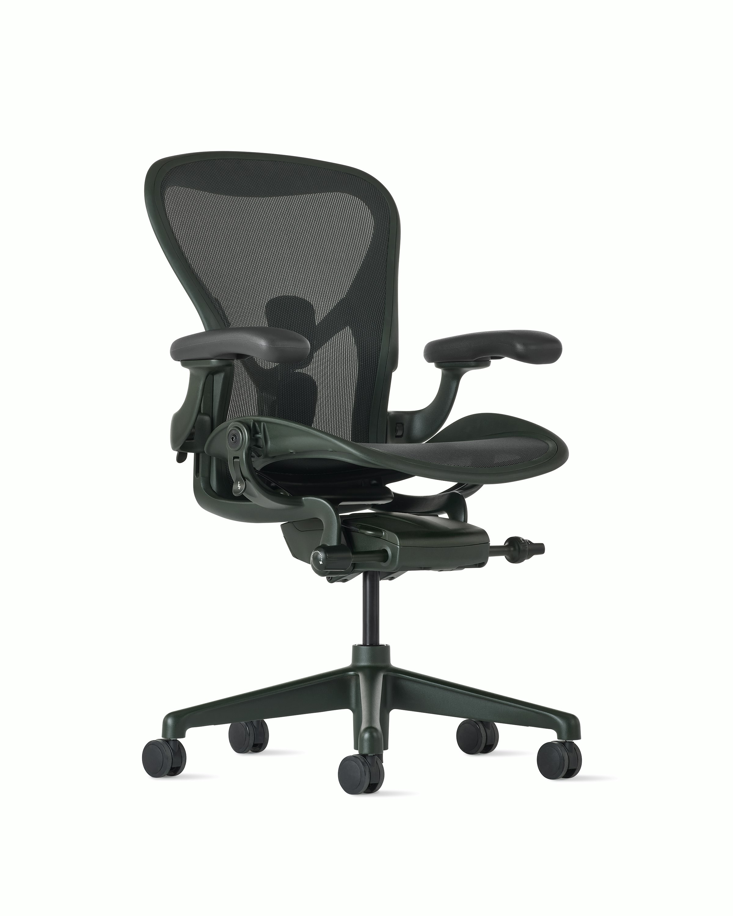 Front angle view of an Aeron chair in dark green with PostureFit SL.